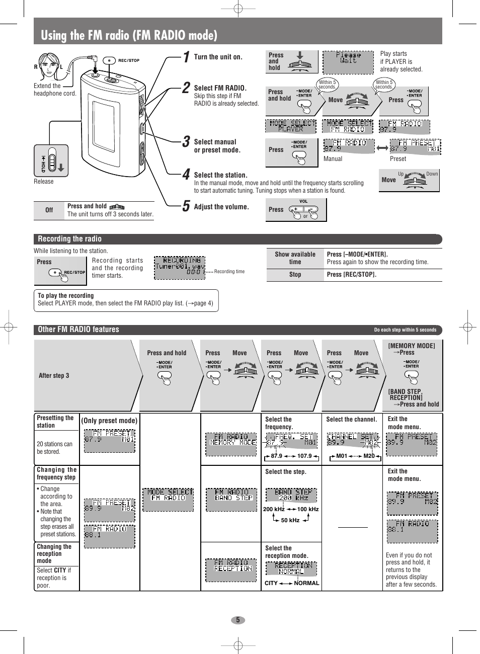 Using the fm radio (fm radio mode), Recording the radio, Other fm radio features | Panasonic SV-MP35V User Manual | Page 5 / 6