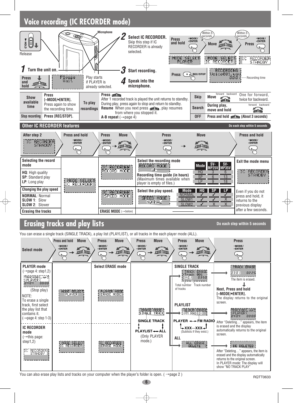 Voice recording (ic recorder mode), Other ic recorder features, Erasing tracks and play lists | Panasonic SV-MP35V User Manual | Page 6 / 6