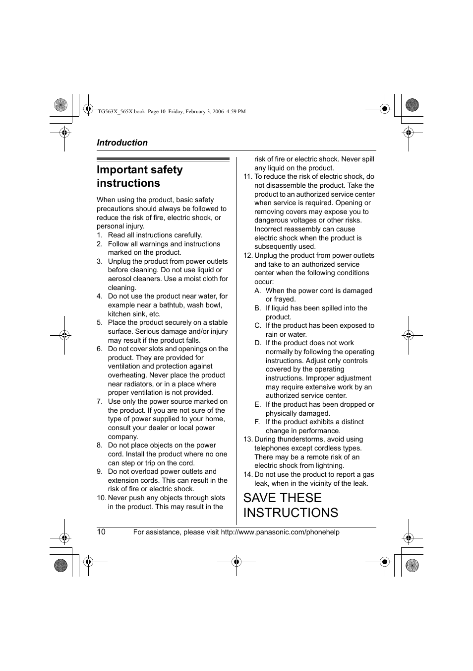 Important safety instructions, Save these instructions | Panasonic KX-TG5631 User Manual | Page 10 / 64