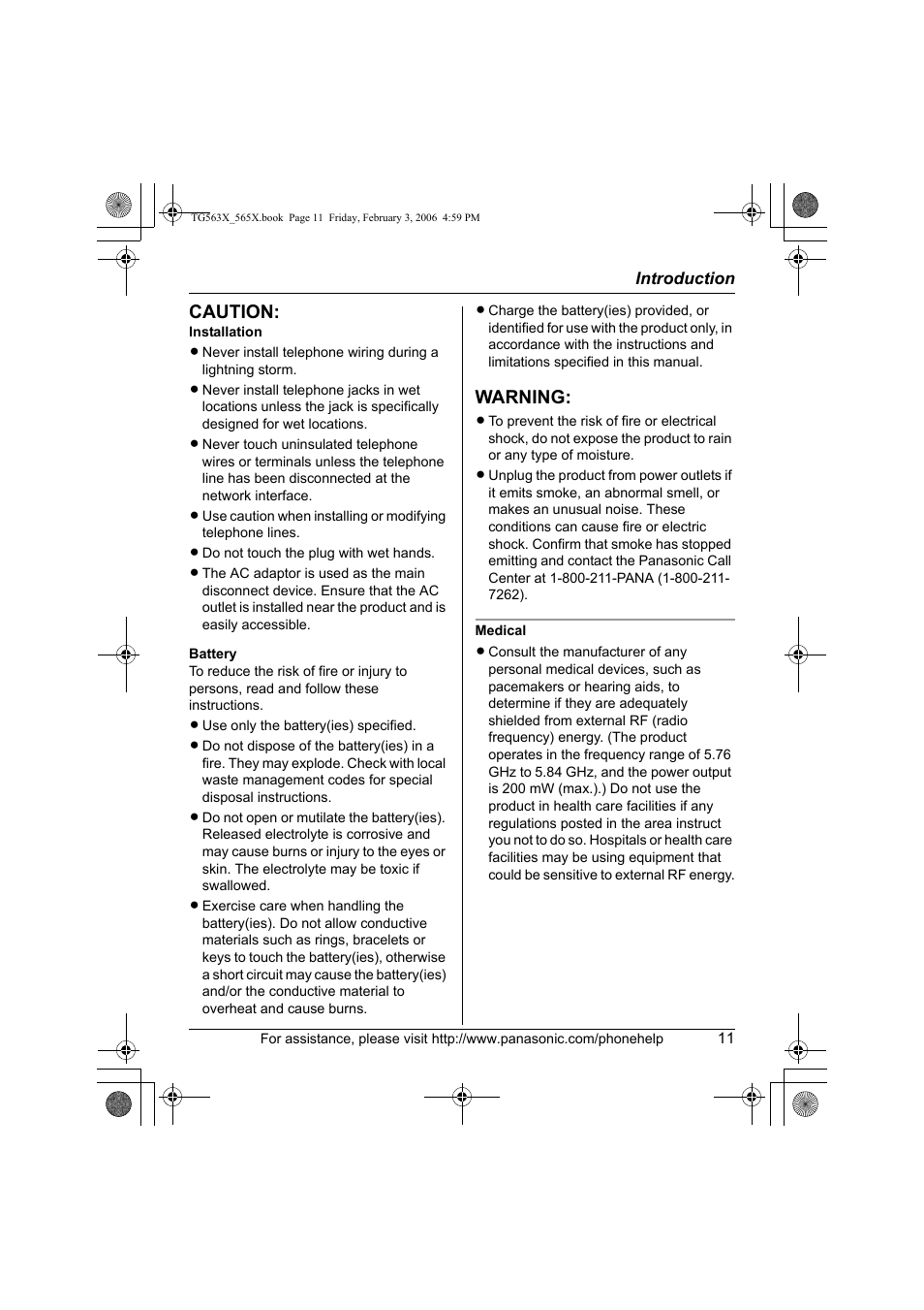 Caution, Warning | Panasonic KX-TG5631 User Manual | Page 11 / 64