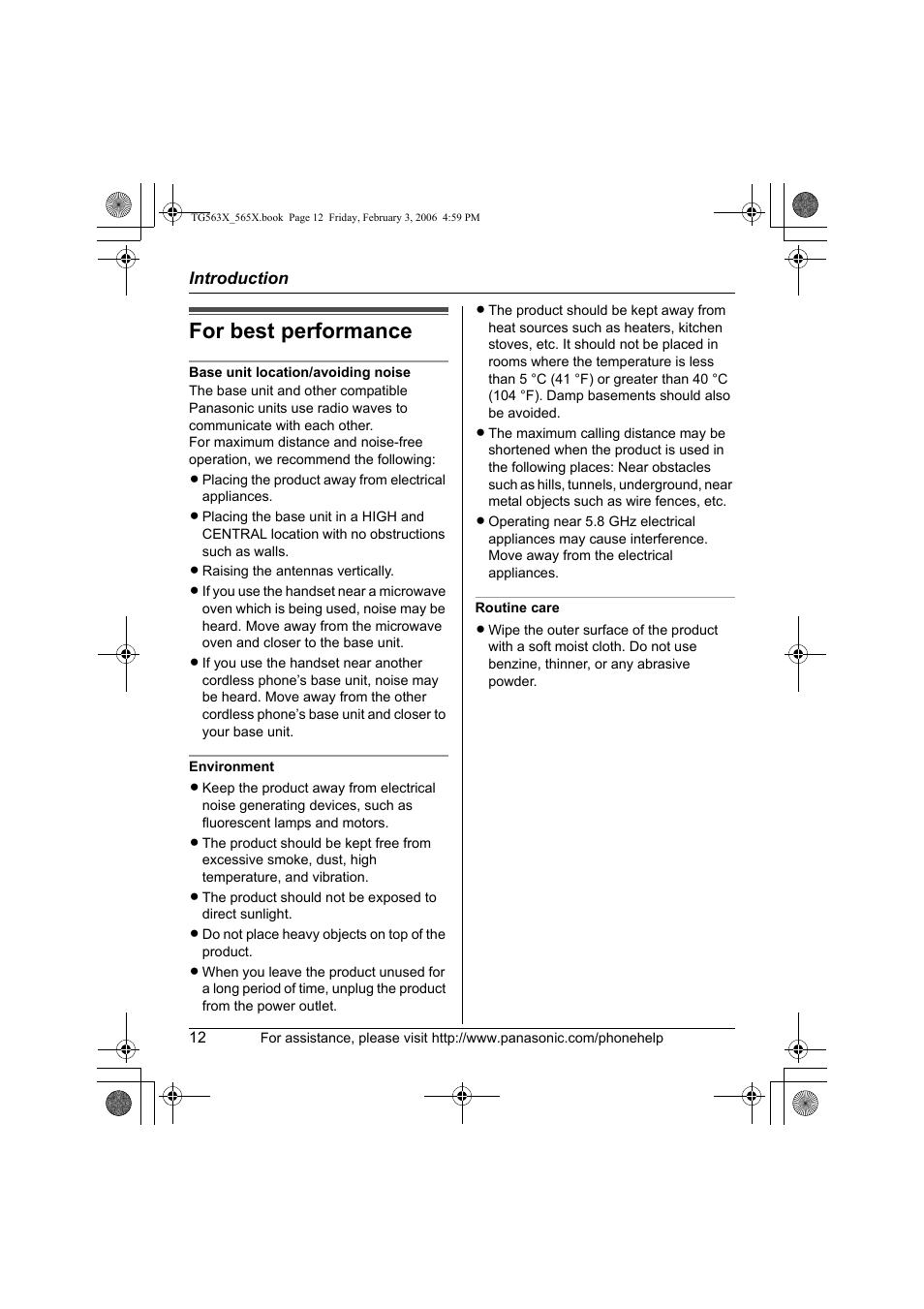 For best performance | Panasonic KX-TG5631 User Manual | Page 12 / 64