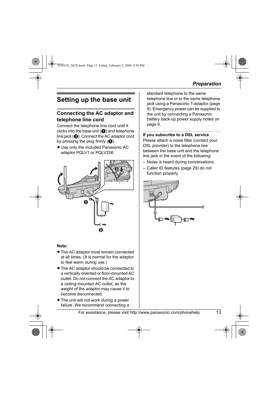 Preparation, Setting up the base unit | Panasonic KX-TG5631 User Manual | Page 13 / 64