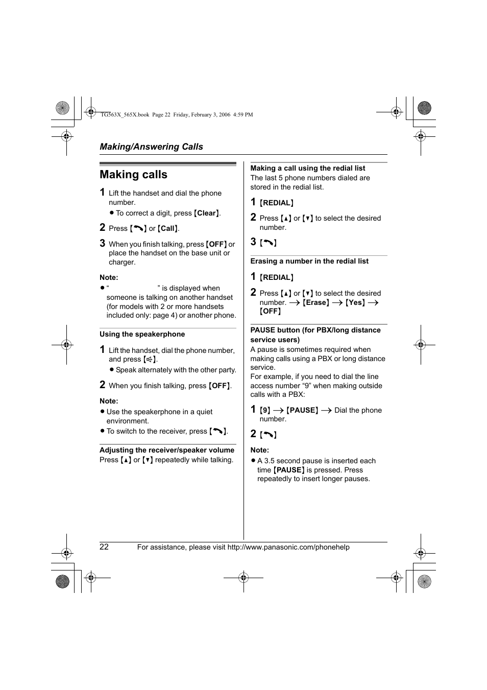 Making/answering calls, Making calls | Panasonic KX-TG5631 User Manual | Page 22 / 64