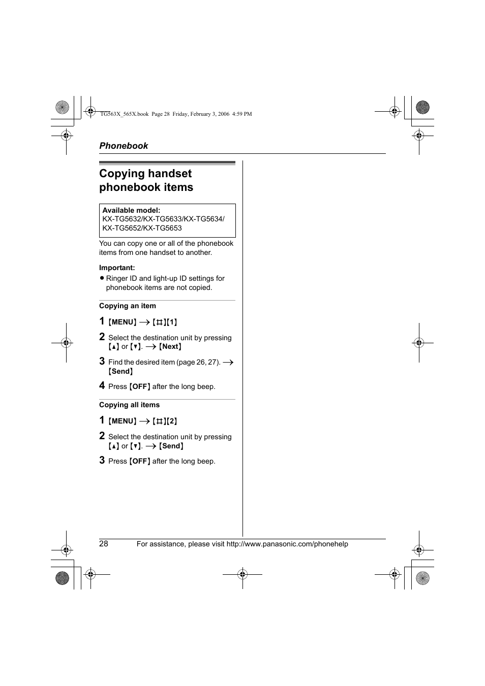 Copying handset phonebook items | Panasonic KX-TG5631 User Manual | Page 28 / 64