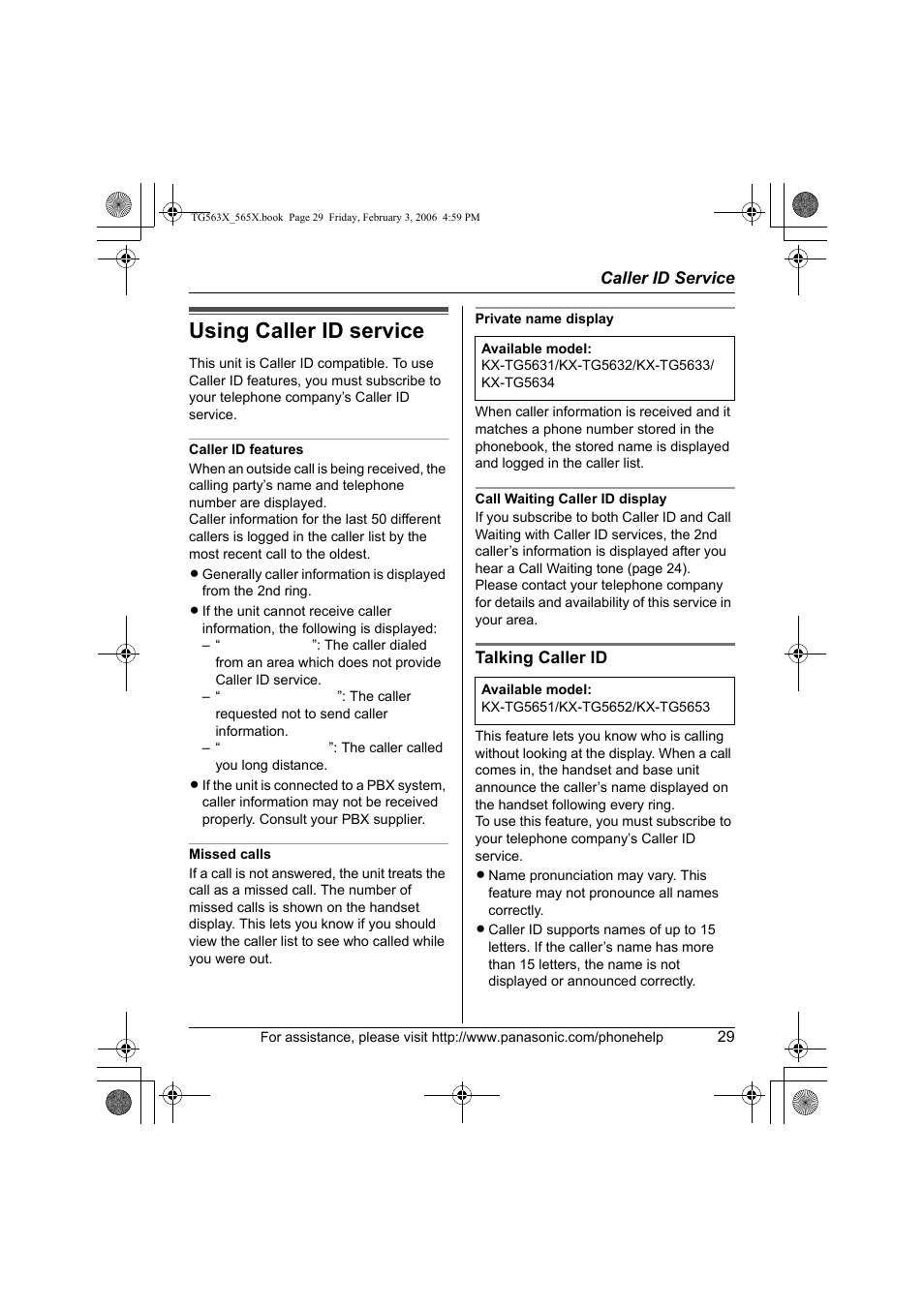 Caller id service, Using caller id service | Panasonic KX-TG5631 User Manual | Page 29 / 64