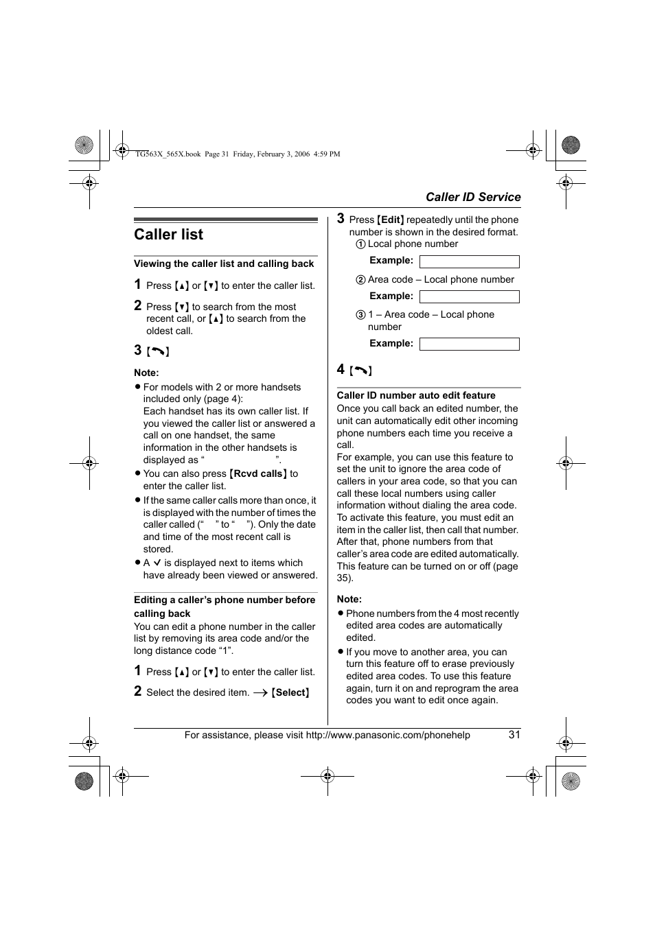 Caller list | Panasonic KX-TG5631 User Manual | Page 31 / 64