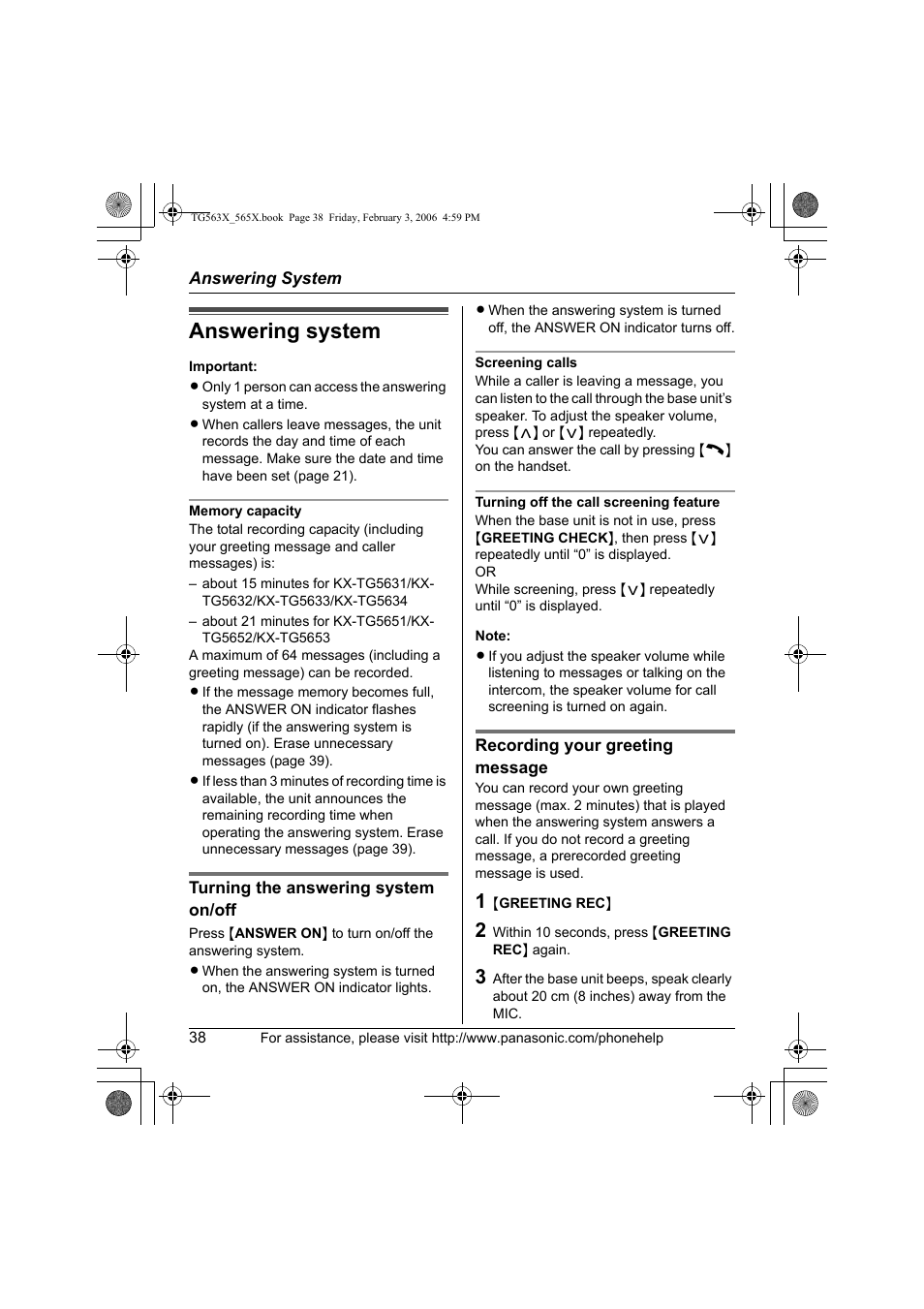 Answering system | Panasonic KX-TG5631 User Manual | Page 38 / 64