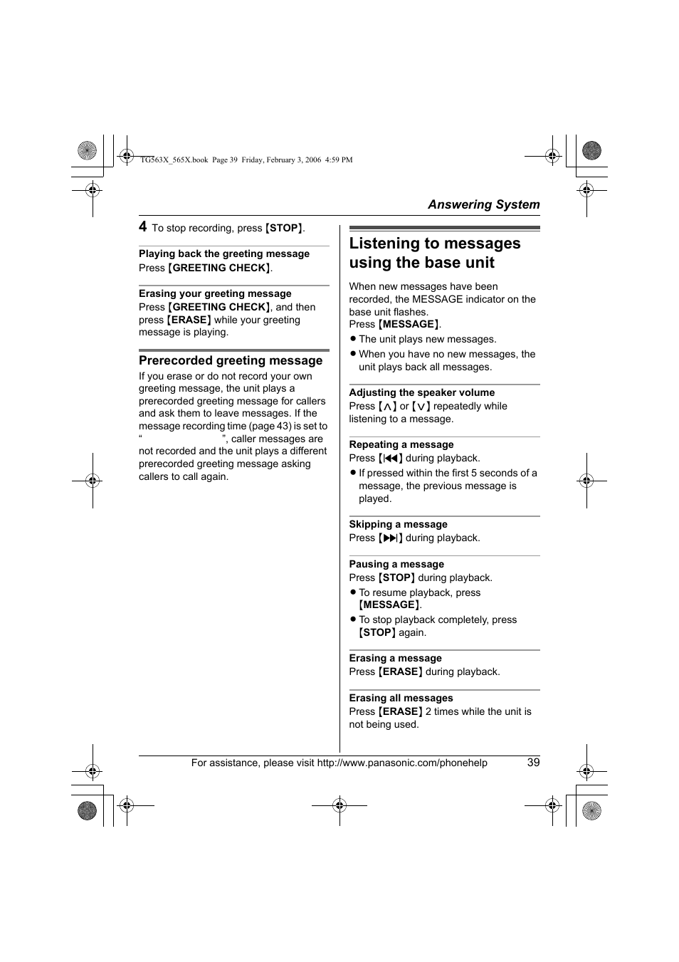 Listening to messages using the base unit | Panasonic KX-TG5631 User Manual | Page 39 / 64