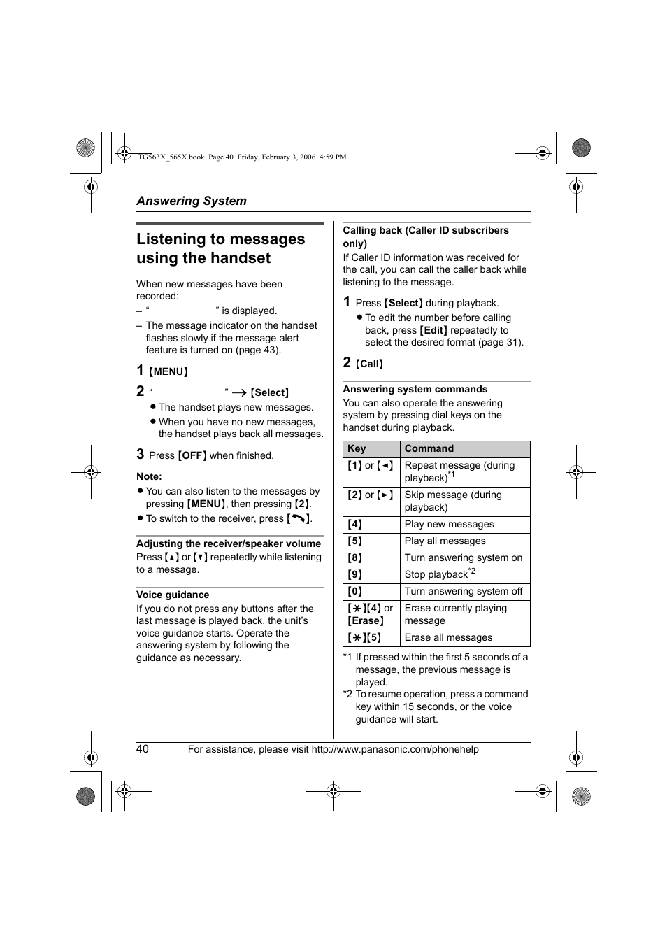 Listening to messages using the handset | Panasonic KX-TG5631 User Manual | Page 40 / 64