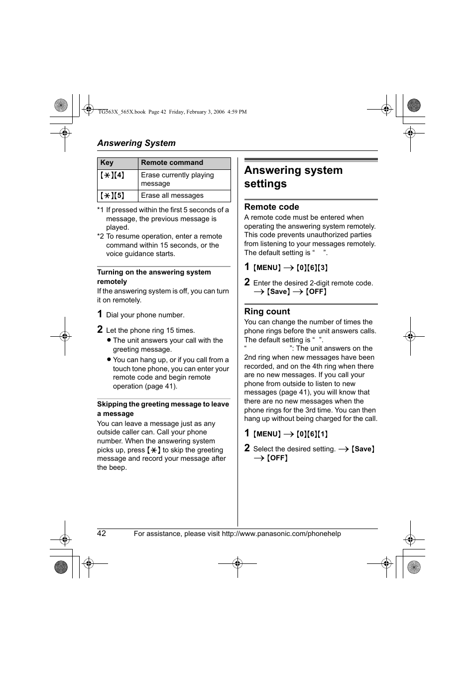 Answering system settings | Panasonic KX-TG5631 User Manual | Page 42 / 64