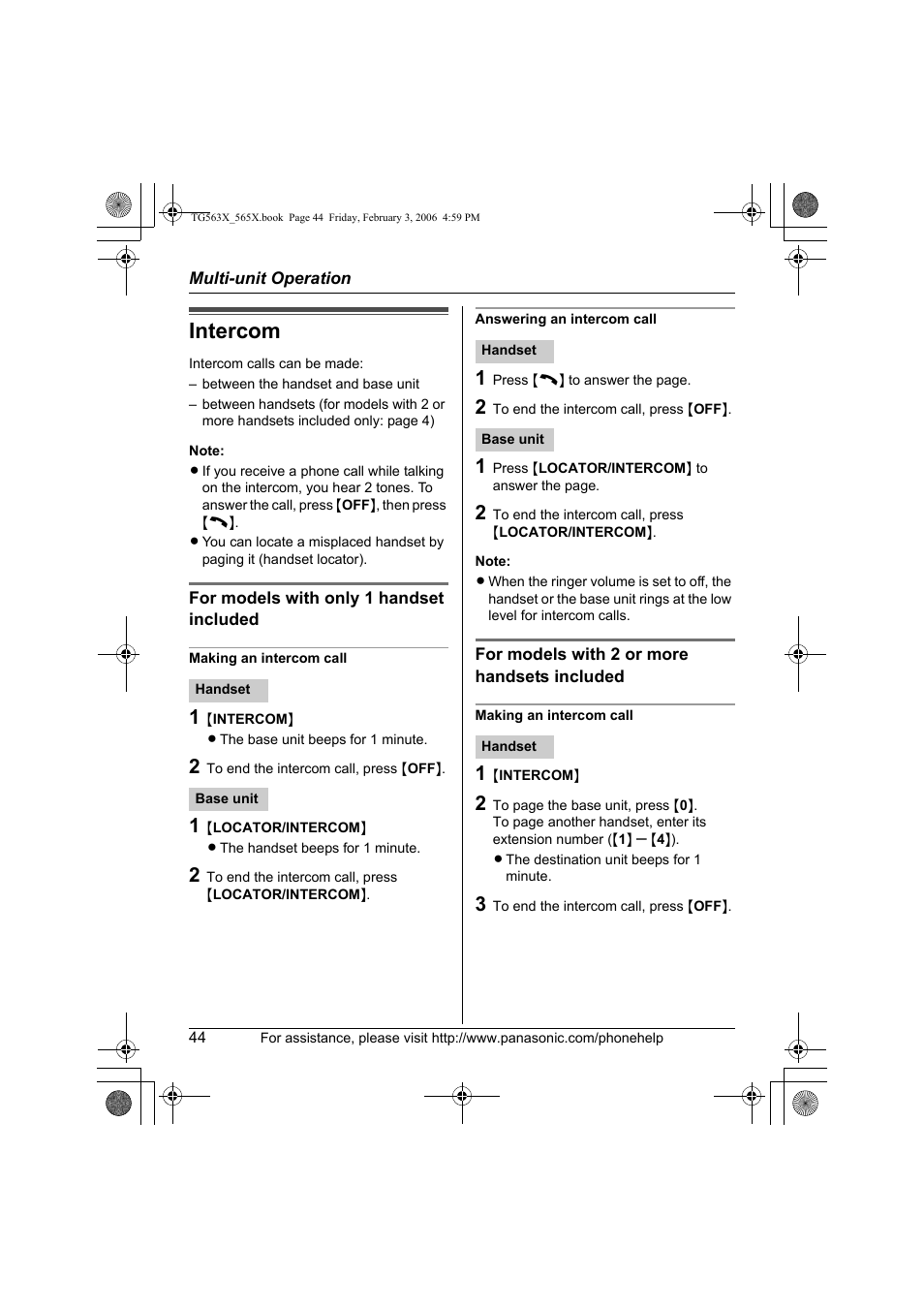 Multi-unit operation, Intercom | Panasonic KX-TG5631 User Manual | Page 44 / 64