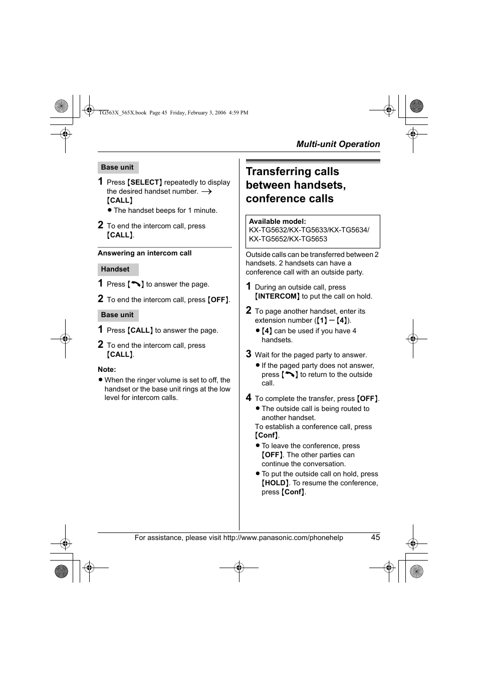 Panasonic KX-TG5631 User Manual | Page 45 / 64