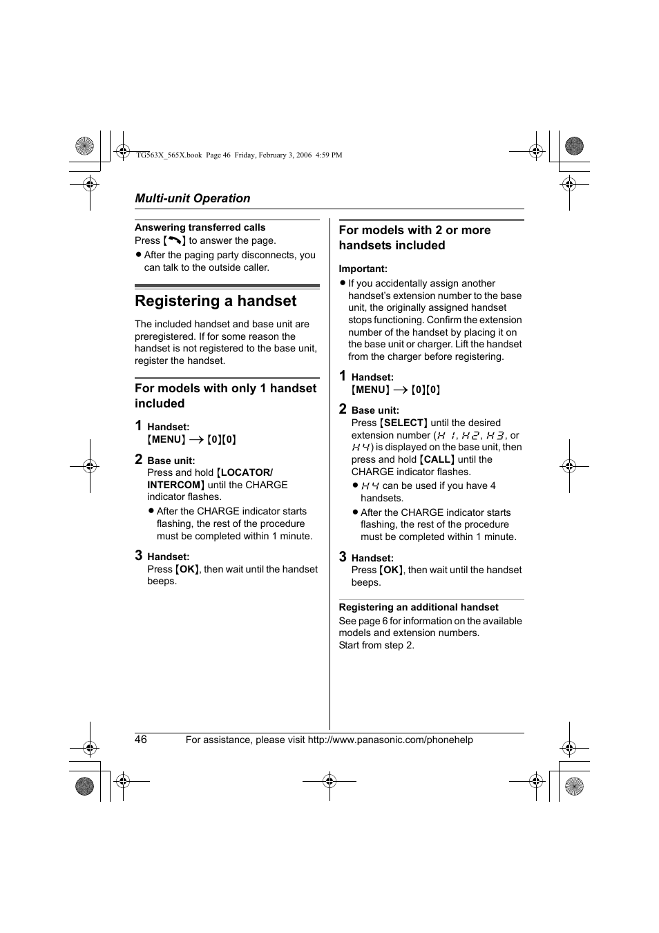 Registering a handset | Panasonic KX-TG5631 User Manual | Page 46 / 64