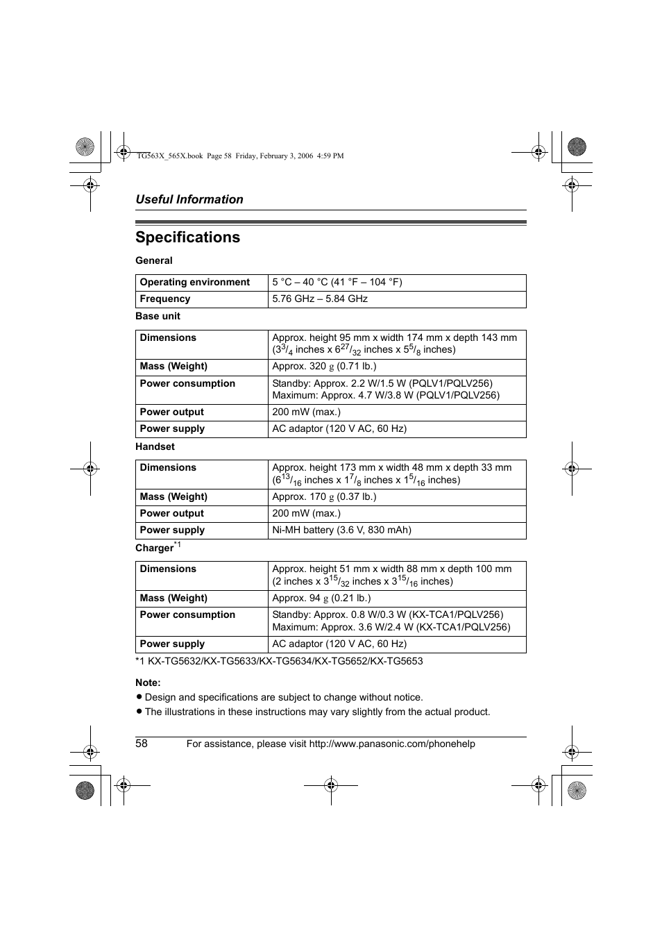 Specifications, Useful information | Panasonic KX-TG5631 User Manual | Page 58 / 64