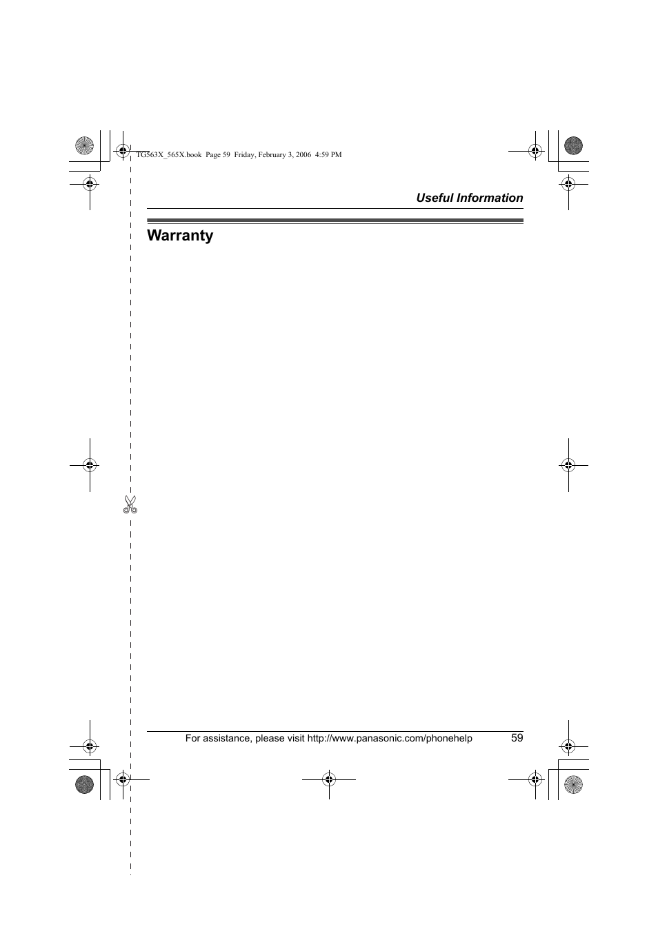 Warranty, Panasonic telephone products limited warranty | Panasonic KX-TG5631 User Manual | Page 59 / 64