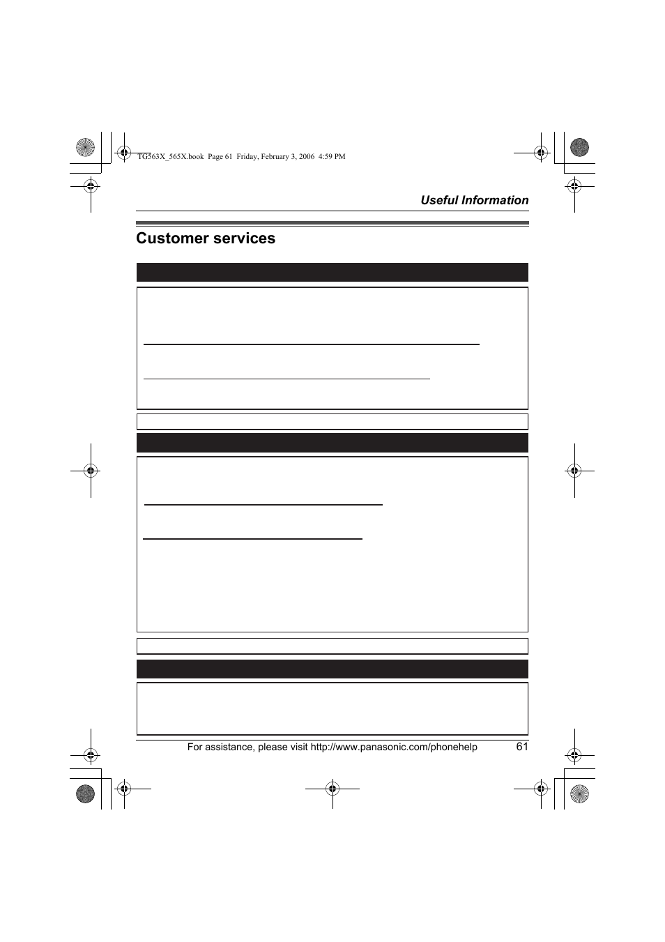 Customer services, Customer services customer services directory, Accessory purchases service in puerto rico | Panasonic KX-TG5631 User Manual | Page 61 / 64