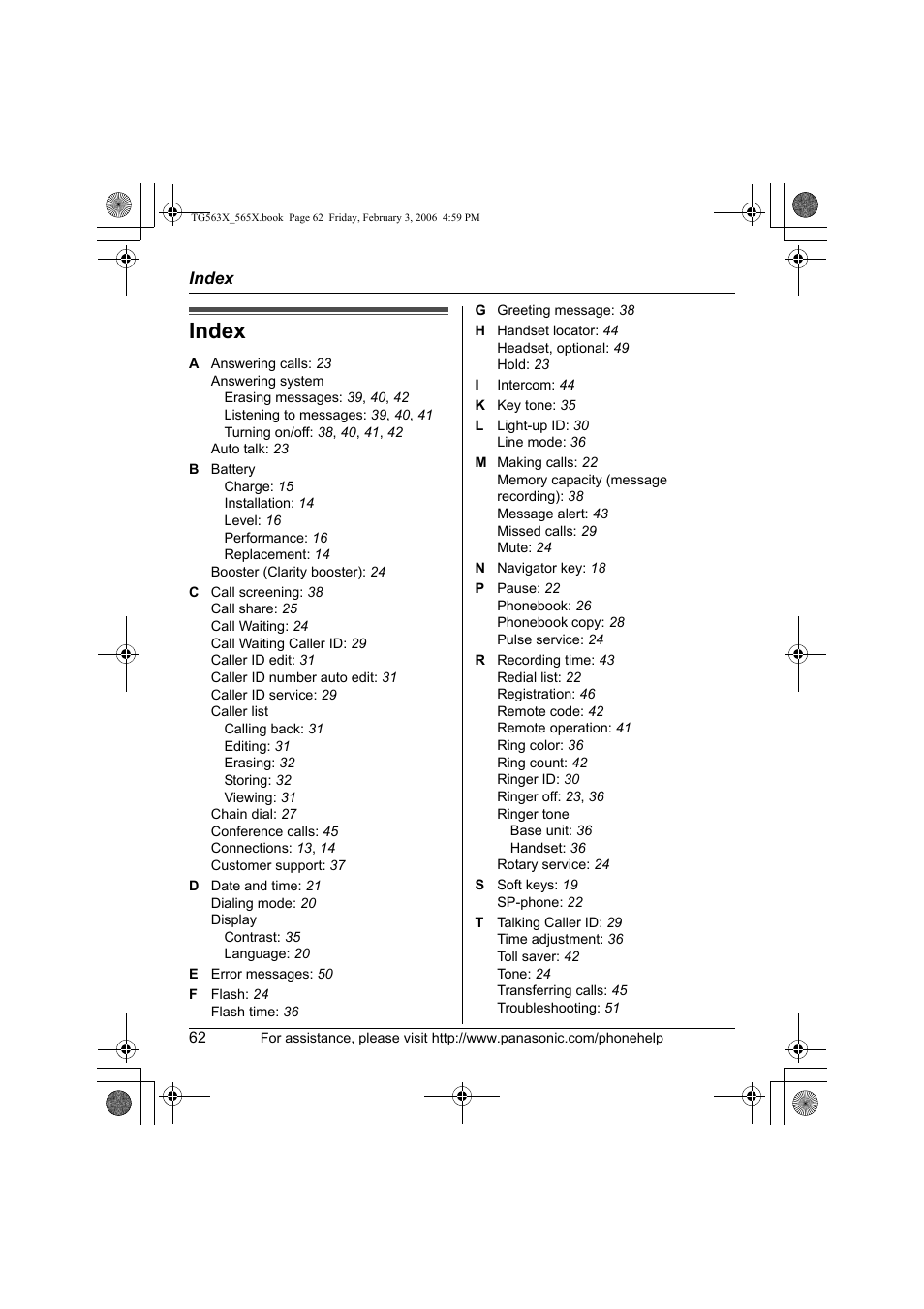 Index | Panasonic KX-TG5631 User Manual | Page 62 / 64