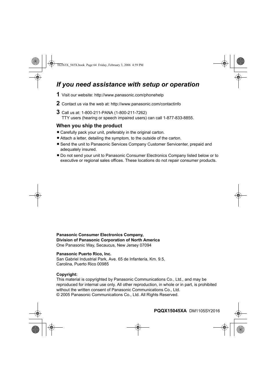 If you need assistance with setup or operation | Panasonic KX-TG5631 User Manual | Page 64 / 64