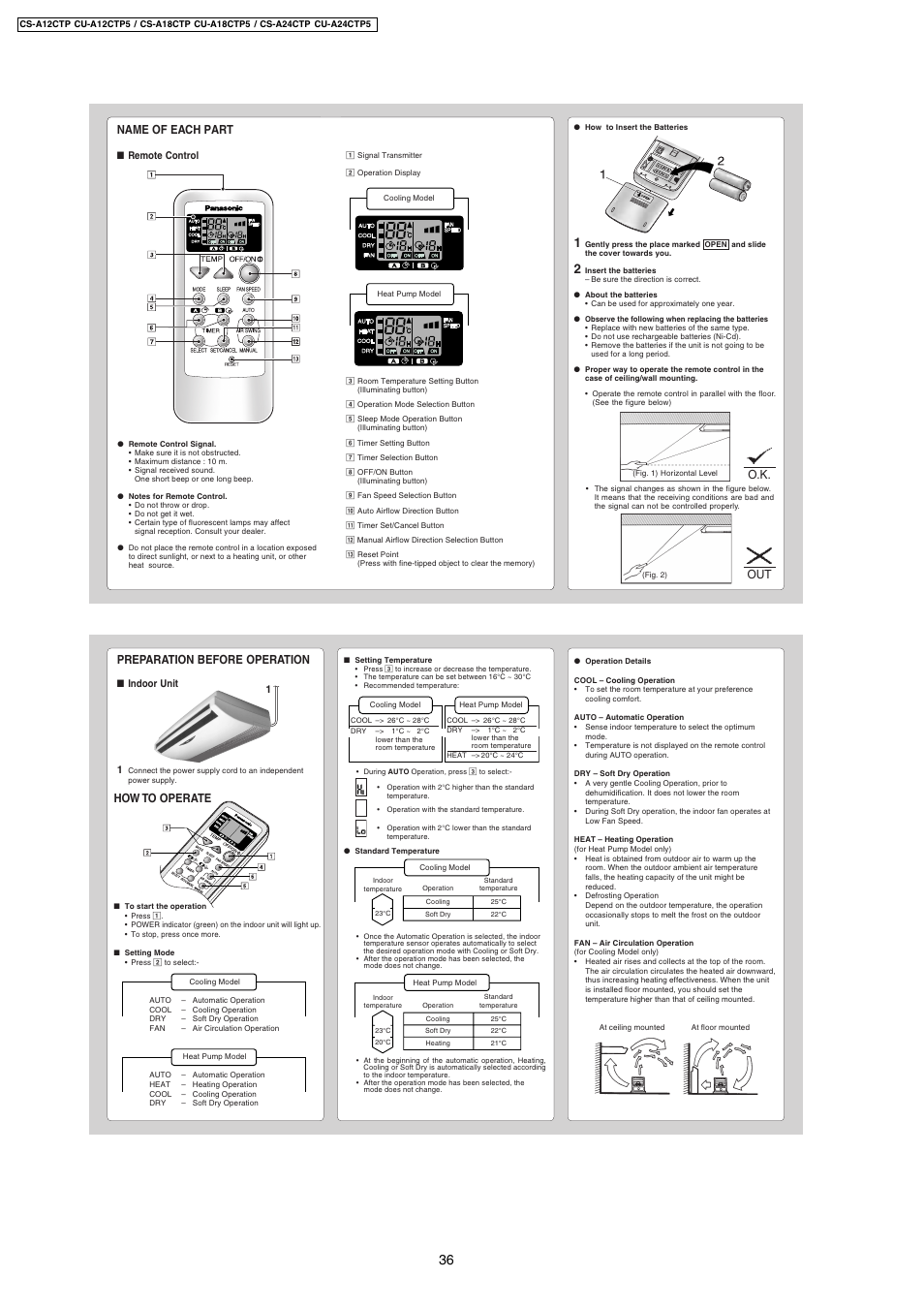 Name of each part, O.k. out, How to operate | Preparation before operation | Panasonic CS-A24CTP User Manual | Page 2 / 4