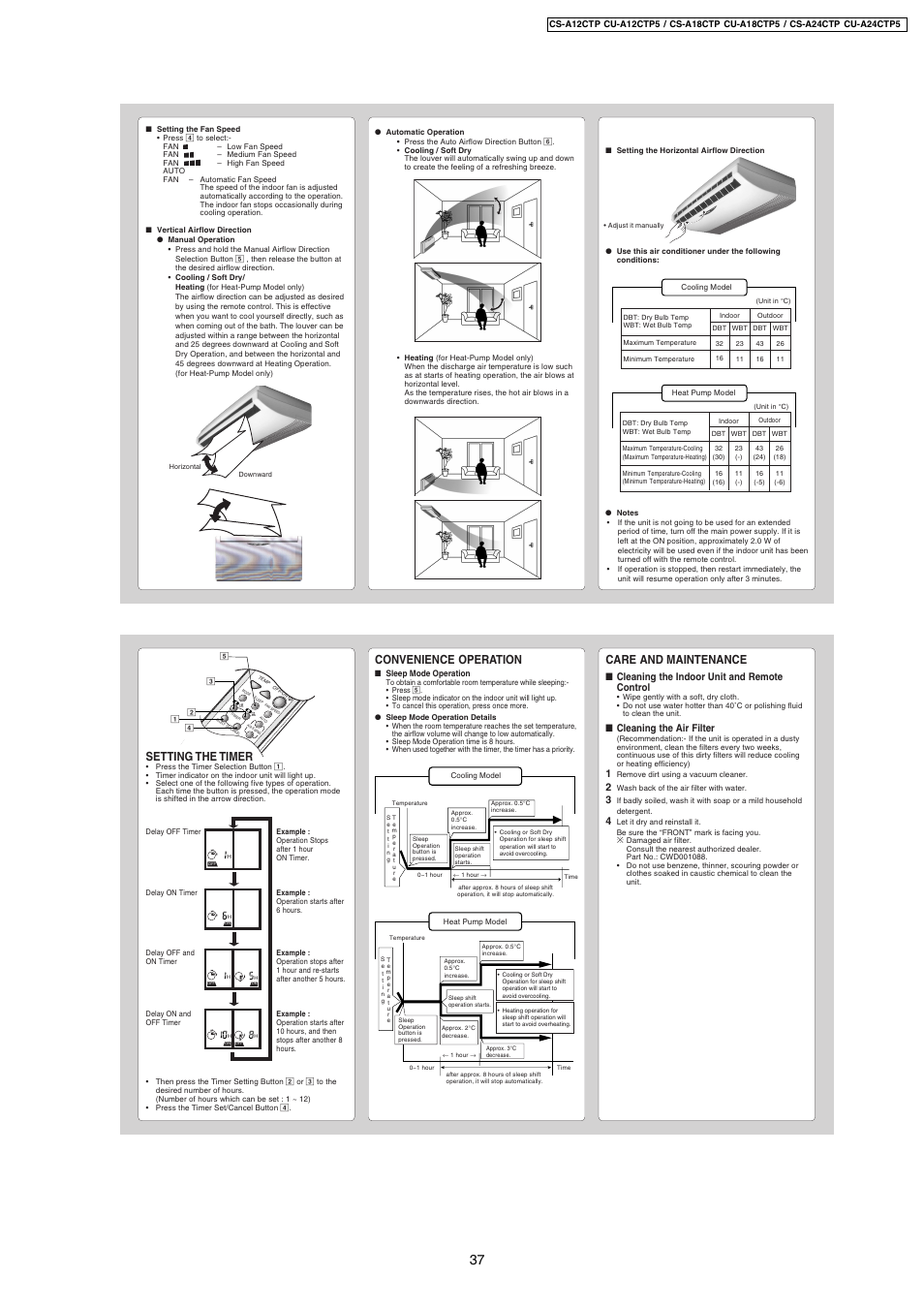 Convenience operation, Care and maintenance, Setting the timer | Panasonic CS-A24CTP User Manual | Page 3 / 4