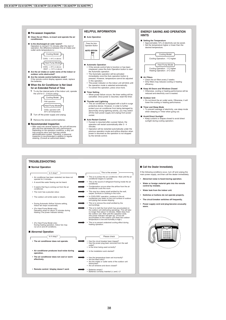 Helpful information, Energy saving and operation hints, Troubleshooting | Panasonic CS-A24CTP User Manual | Page 4 / 4