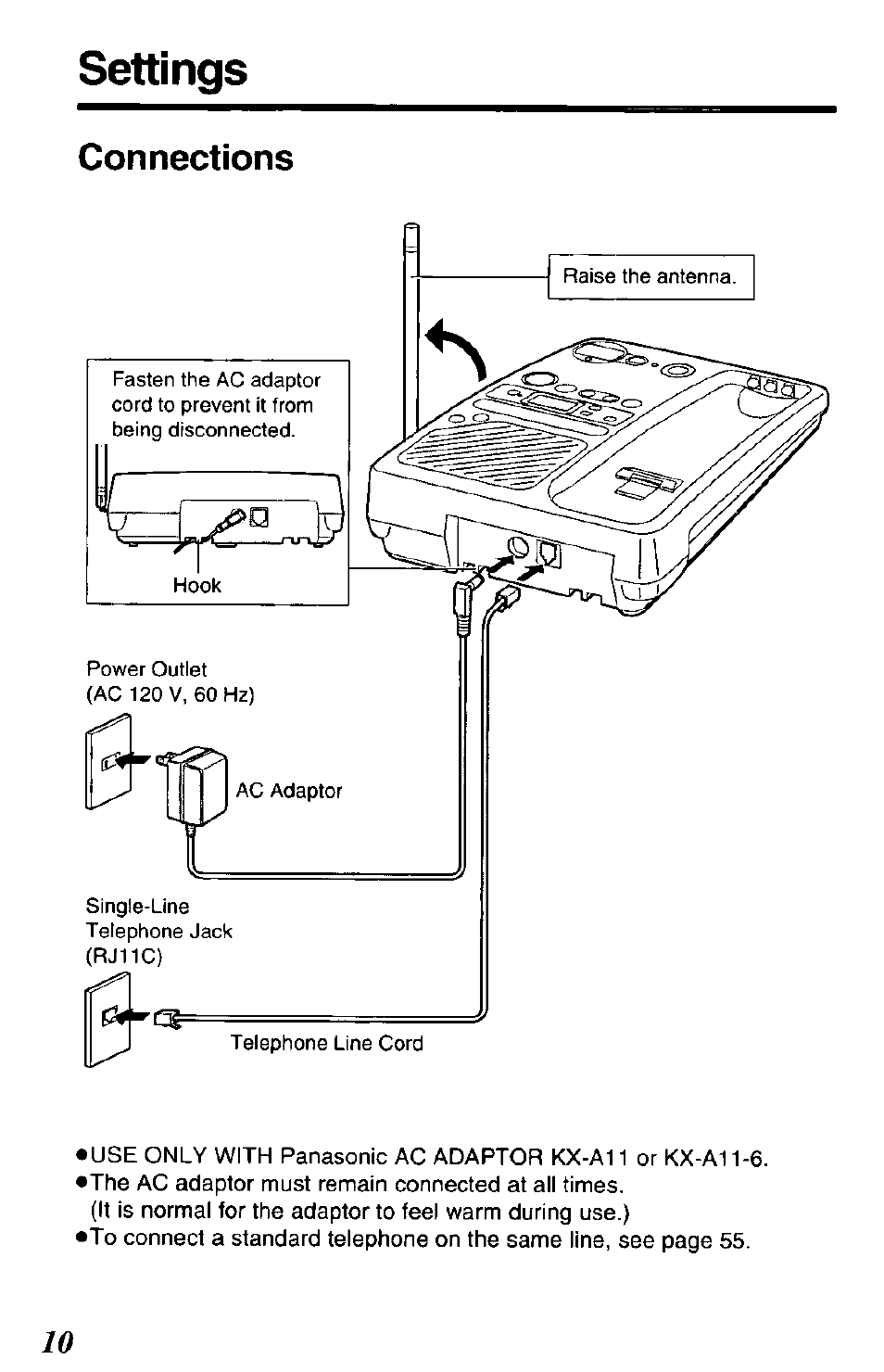 Settings, Connections | Panasonic KX-TCM943-B User Manual | Page 10 / 64