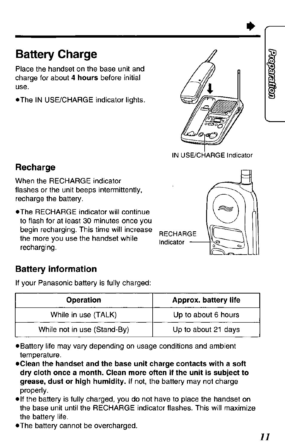 Battery charge, Recharge, Battery information | Panasonic KX-TCM943-B User Manual | Page 11 / 64