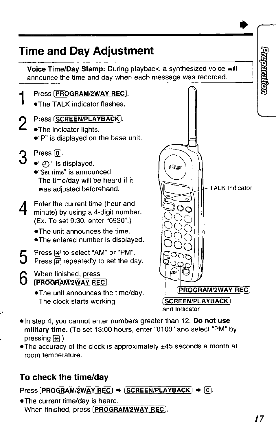Time and day adjustment, To check the time/day | Panasonic KX-TCM943-B User Manual | Page 17 / 64