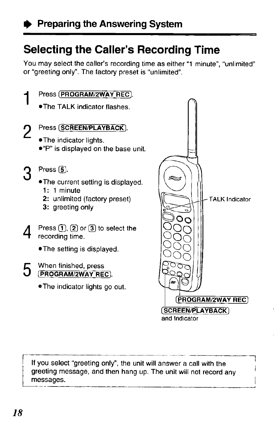 Preparing the answering system, Selecting the caller’s recording time | Panasonic KX-TCM943-B User Manual | Page 18 / 64