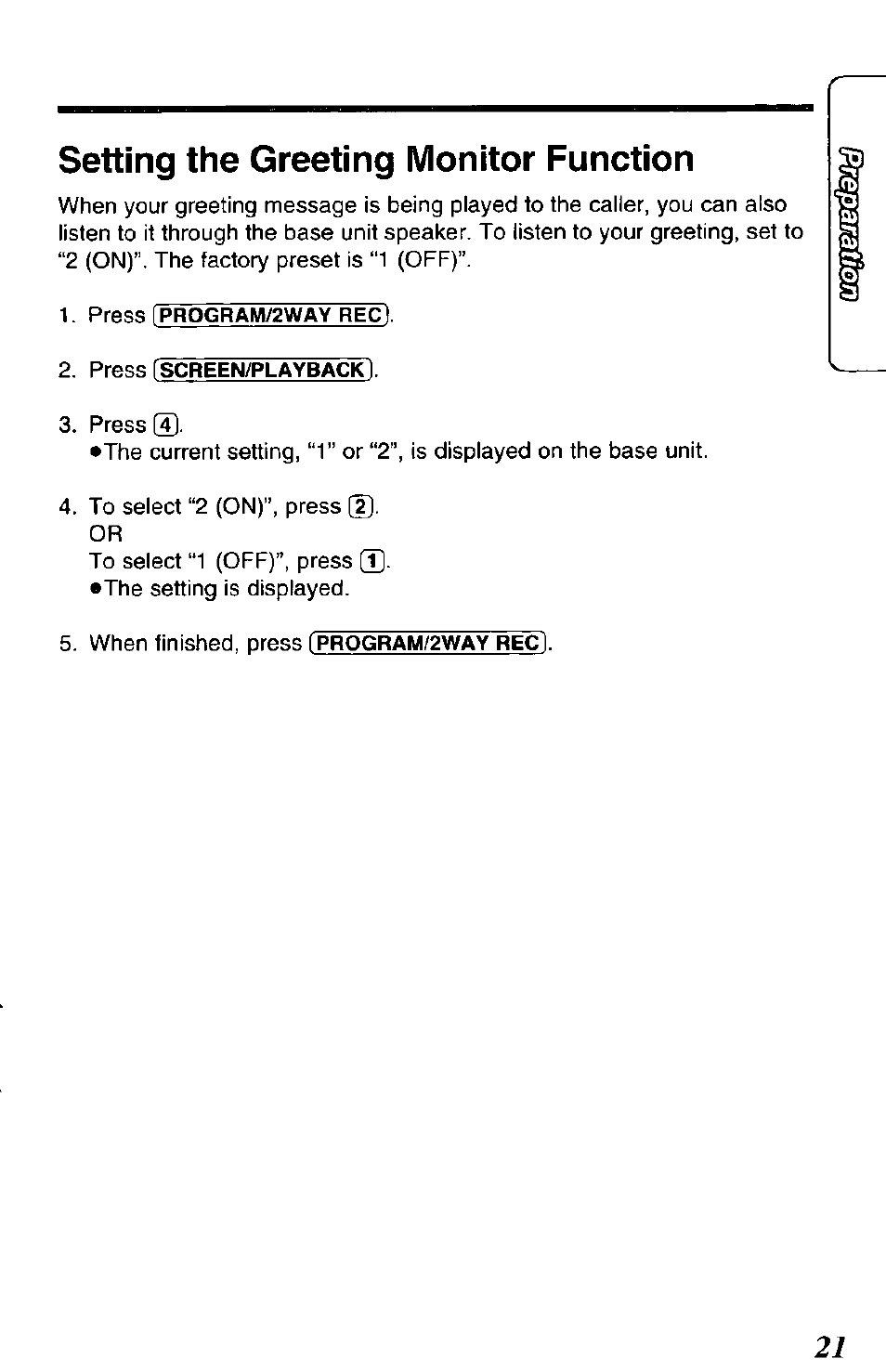 Setting the greeting monitor function | Panasonic KX-TCM943-B User Manual | Page 21 / 64