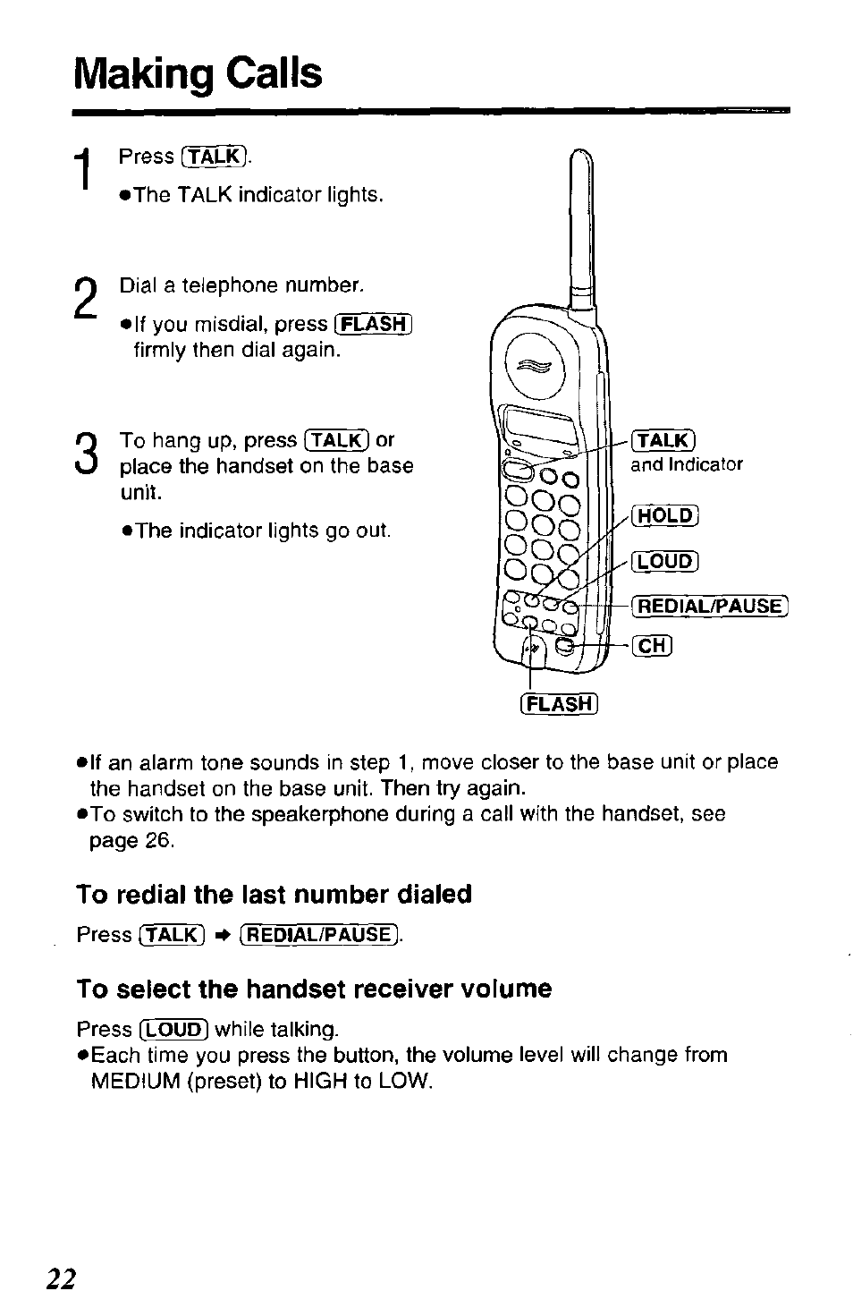 Making calls, To redial the last number dialed, To select the handset receiver volume | Panasonic KX-TCM943-B User Manual | Page 22 / 64