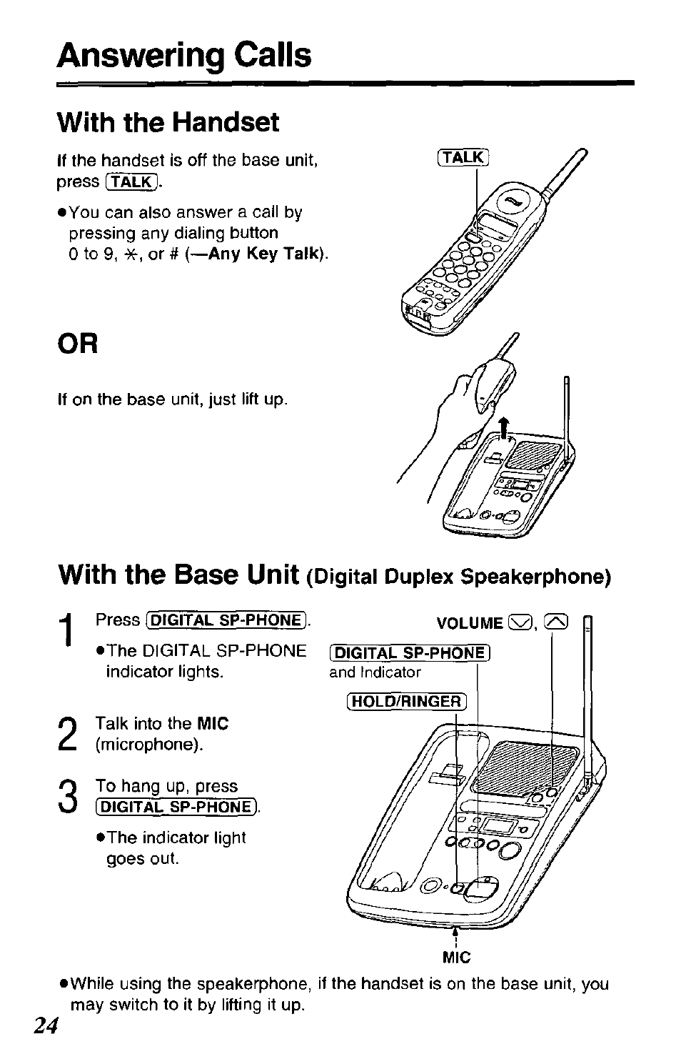 Answering calls, With the base unit (digital duplex speakerphone), With the handset | With the base unit | Panasonic KX-TCM943-B User Manual | Page 24 / 64