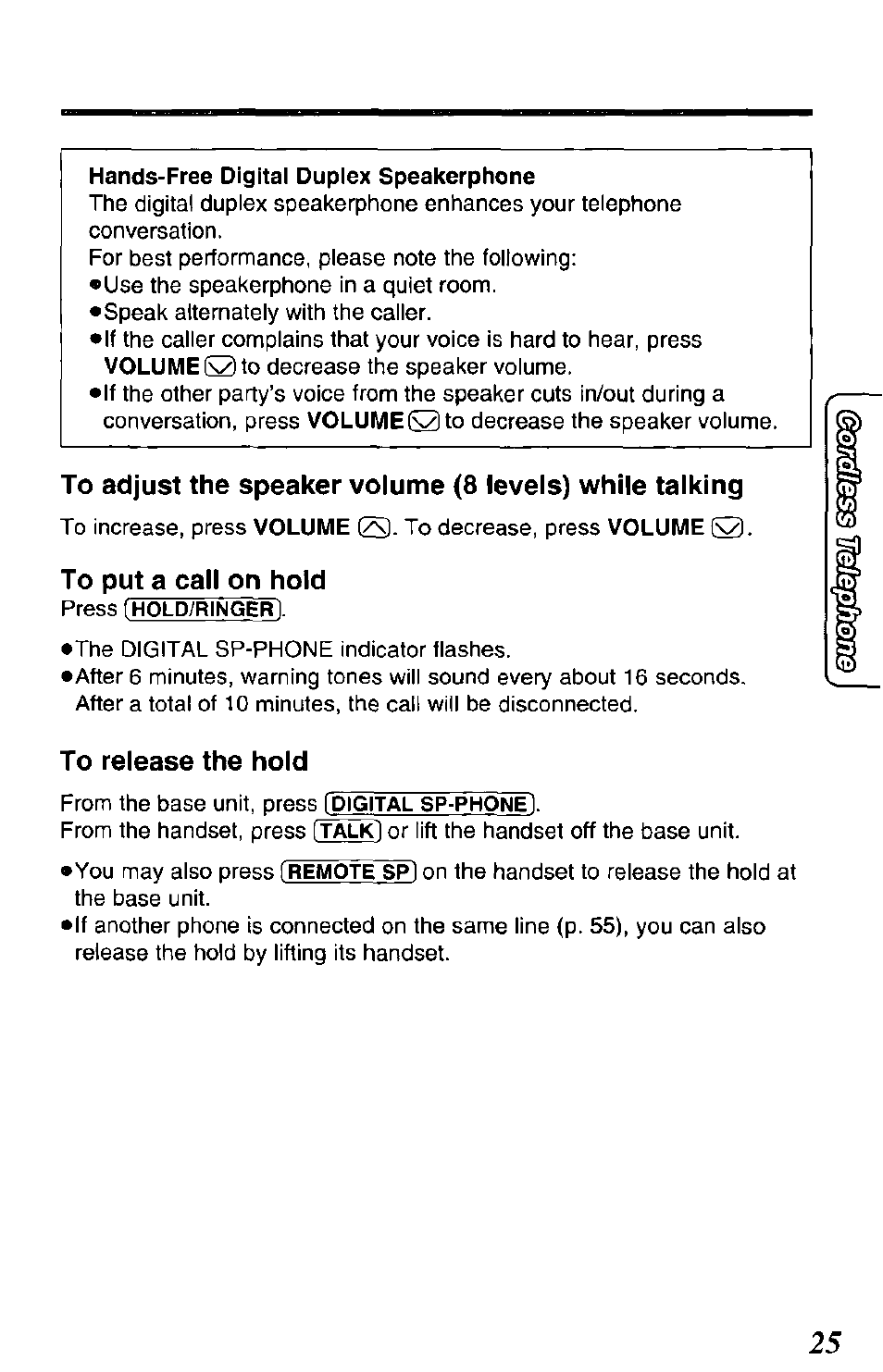 Hands-free digital duplex speakerphone, To put a call on hold, To release the hold | Panasonic KX-TCM943-B User Manual | Page 25 / 64