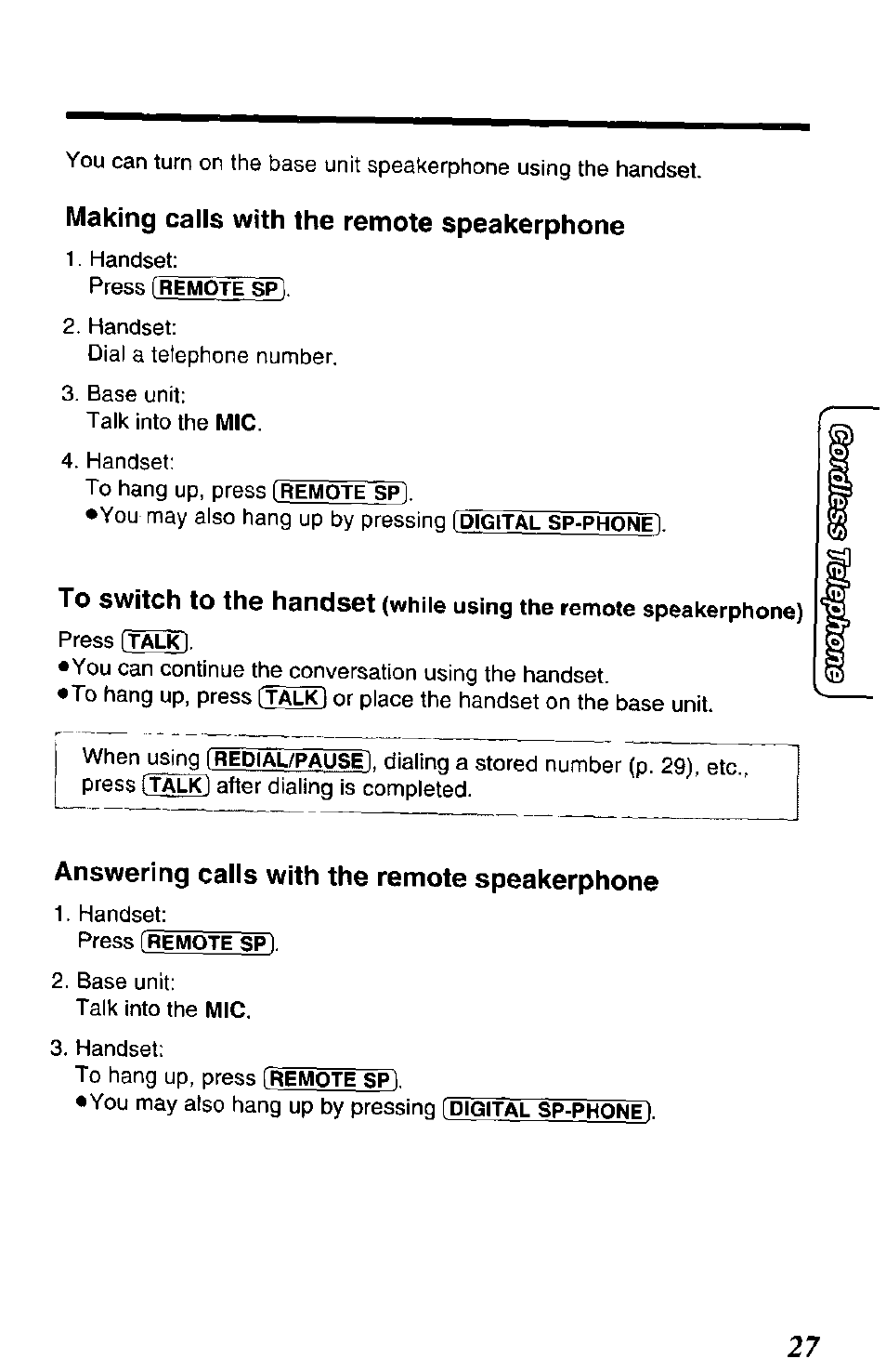 Making calls with the remote speakerphone, Answering calls with the remote speakerphone | Panasonic KX-TCM943-B User Manual | Page 27 / 64
