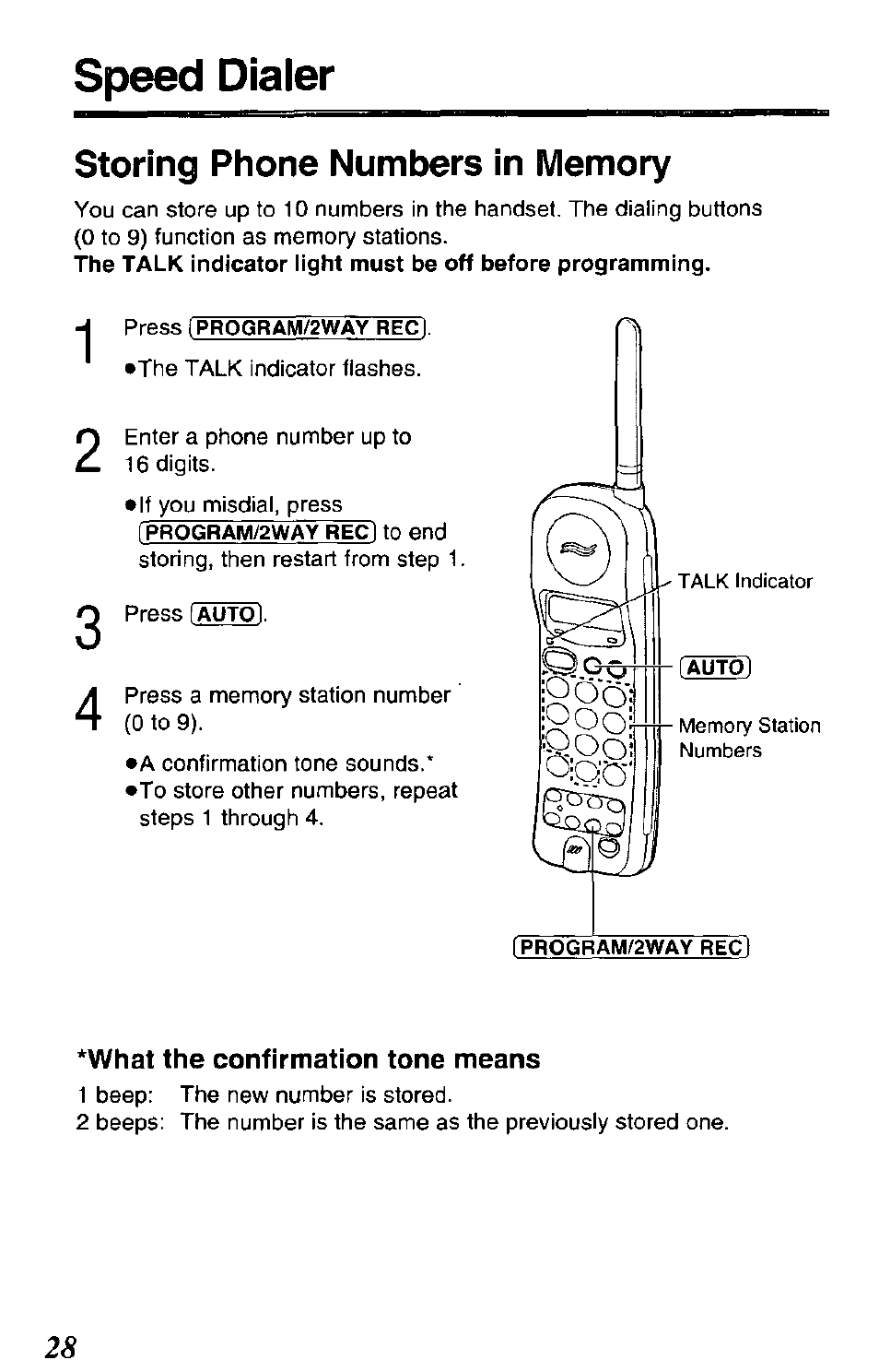 Speed dialer, Press [program72way rec, What the confirmation tone means | Panasonic KX-TCM943-B User Manual | Page 28 / 64