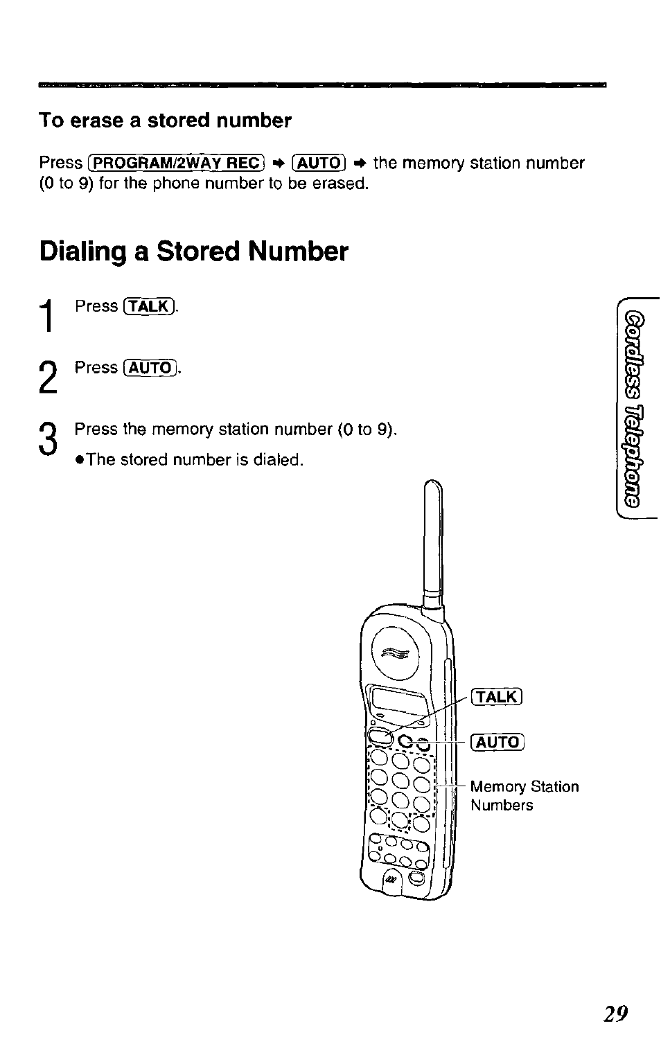 To erase a stored number, Dialing a stored number | Panasonic KX-TCM943-B User Manual | Page 29 / 64