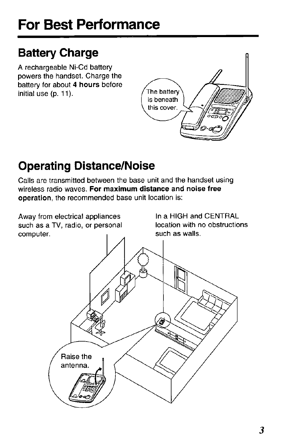 For best performance, Battery charge, Operating distance/noise | Panasonic KX-TCM943-B User Manual | Page 3 / 64