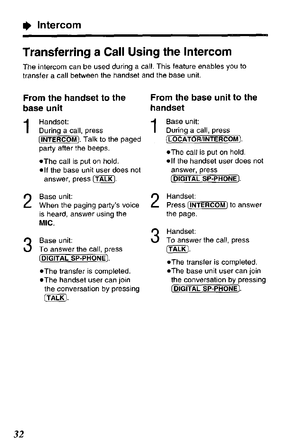 Intercom, Transferring a call using the intercom, From the handset to the base unit | From the base unit to the handset | Panasonic KX-TCM943-B User Manual | Page 32 / 64