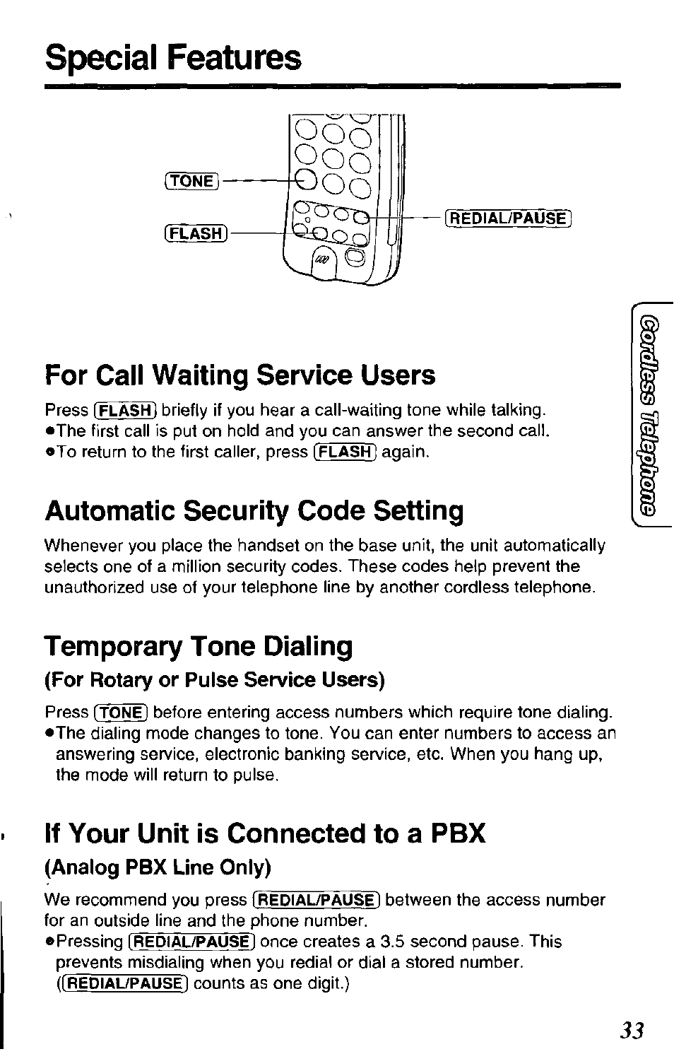 Special features, For rotary or pulse service users), Analog pbx line only) | For call waiting service users, Automatic security code setting, Temporary tone dialing, If your unit is connected to a pbx | Panasonic KX-TCM943-B User Manual | Page 33 / 64