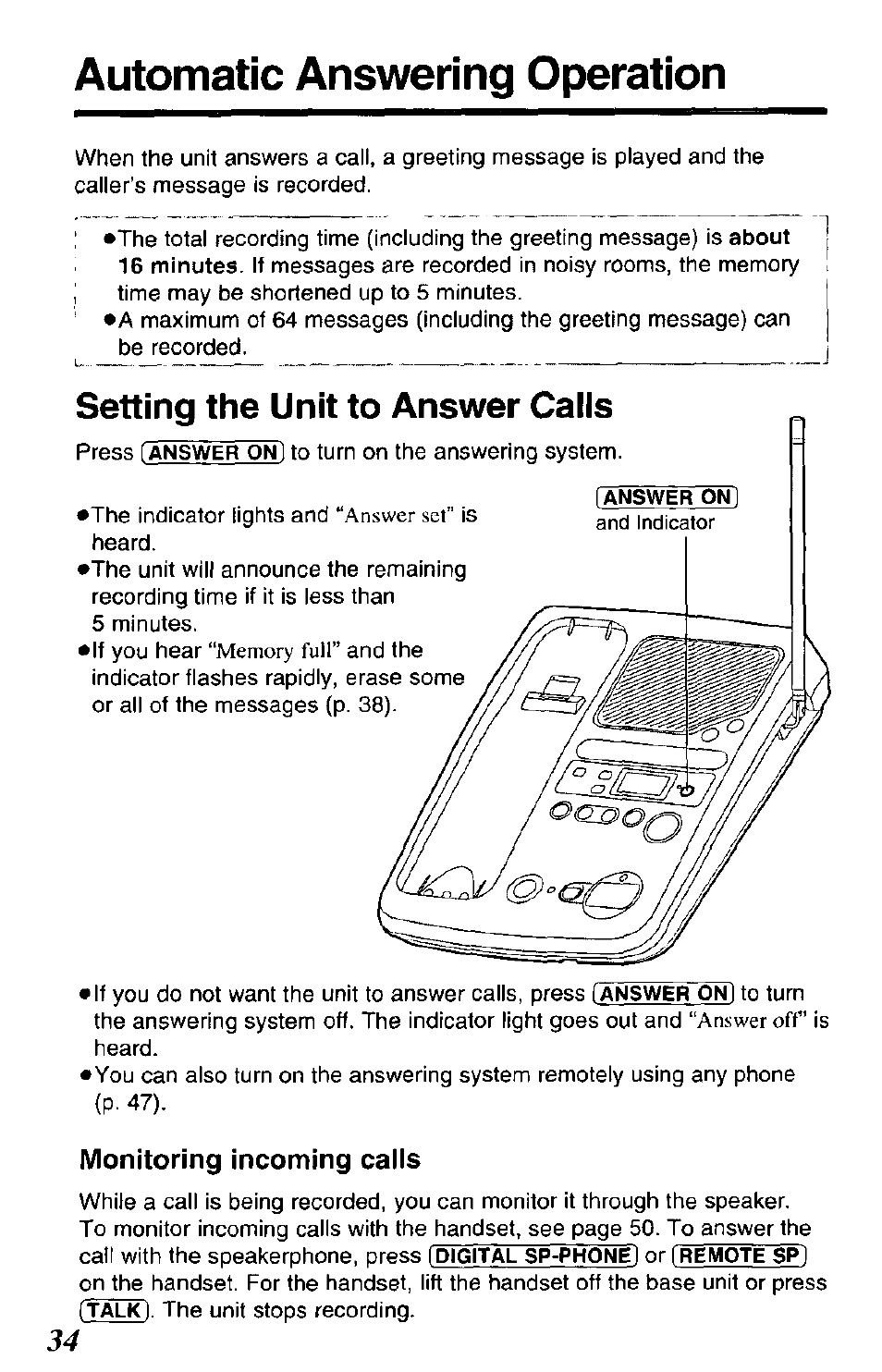 Automatic answering operation, Monitoring incoming calls, Setting the unit to answer calls | Answer set, Answer off | Panasonic KX-TCM943-B User Manual | Page 34 / 64