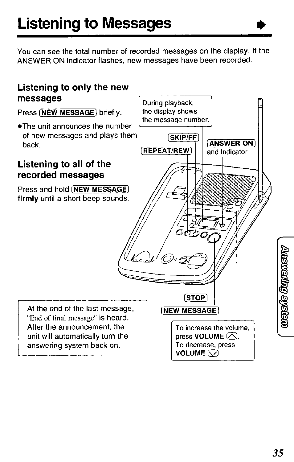Listening to messages, Listening to only the new messages, Listening to all of the recorded messages | End of final message | Panasonic KX-TCM943-B User Manual | Page 35 / 64