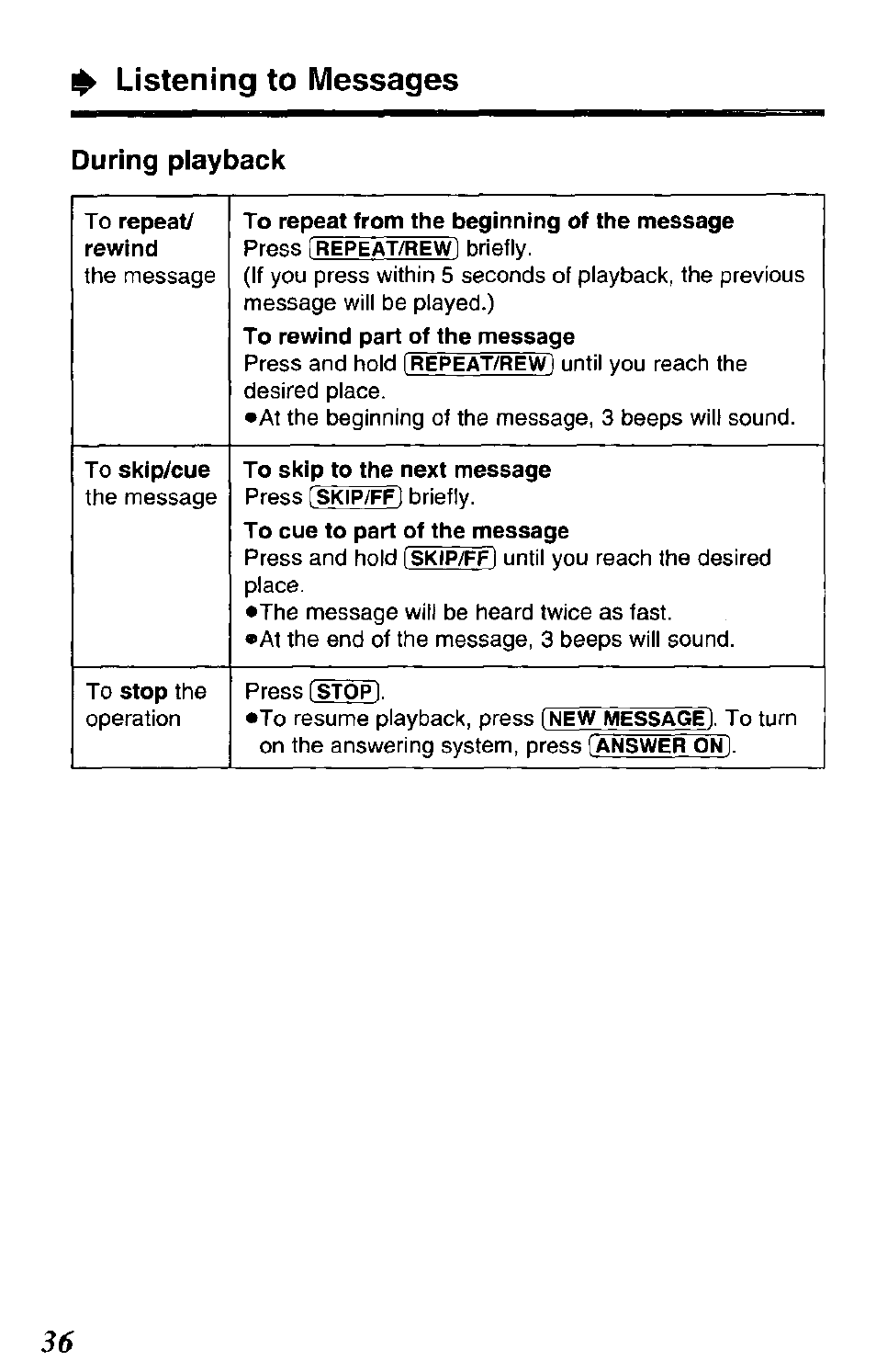 Listening to messages, During playback | Panasonic KX-TCM943-B User Manual | Page 36 / 64