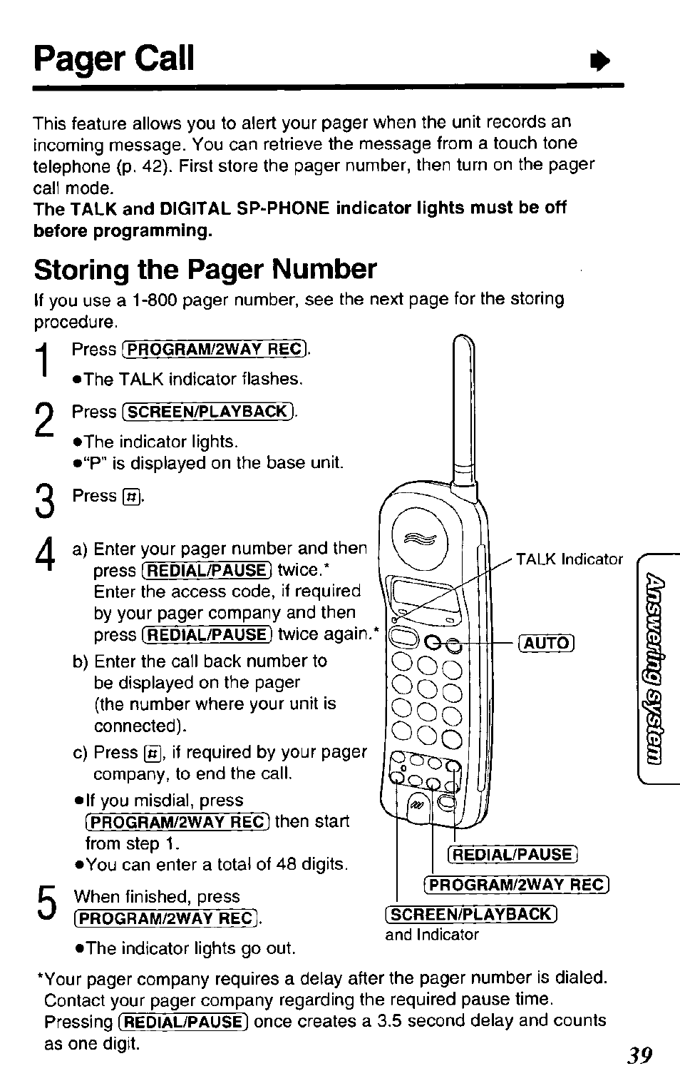 Pager call, Storing the pager number | Panasonic KX-TCM943-B User Manual | Page 39 / 64