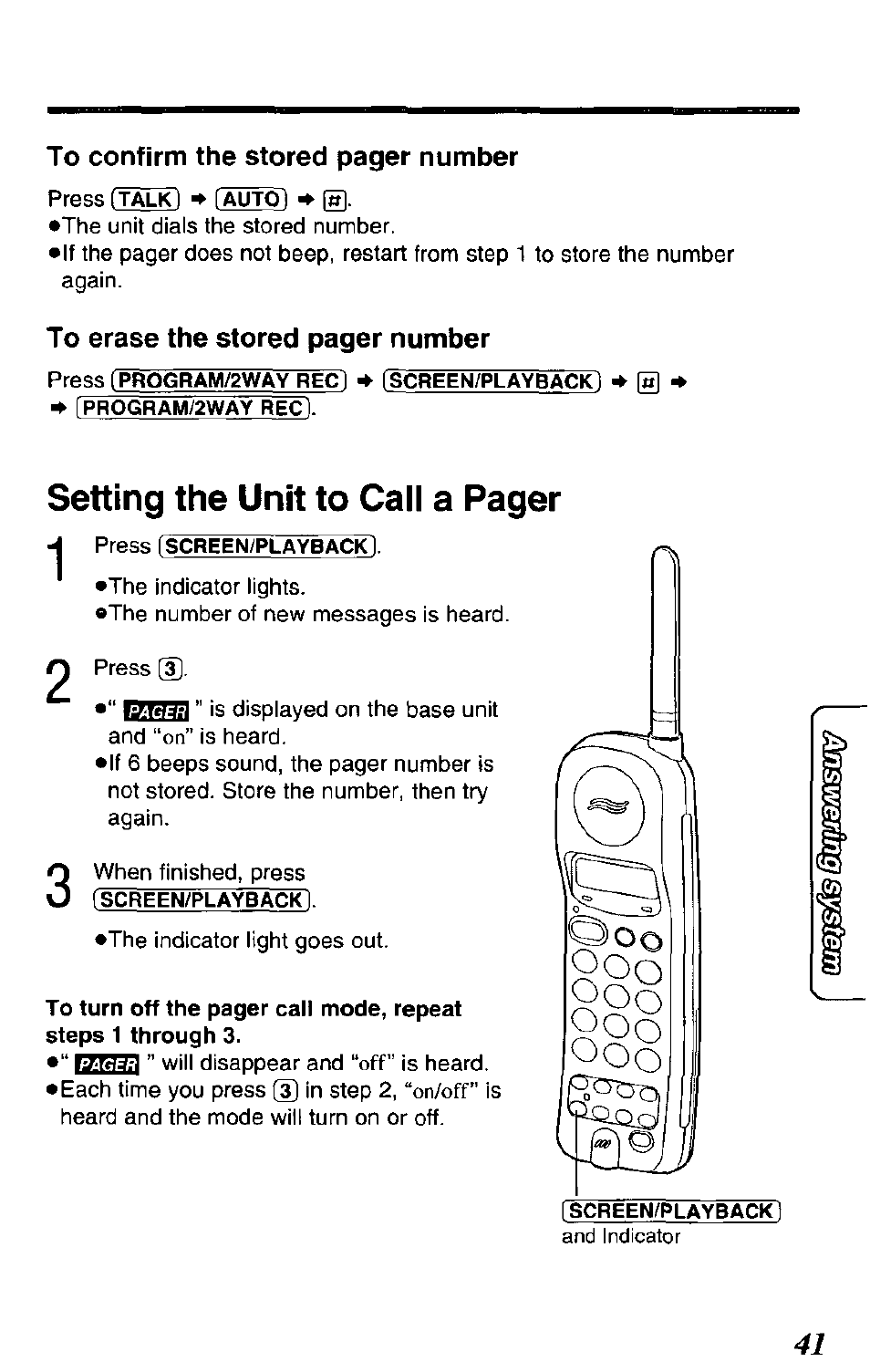 Setting the unit to call a pager, On/off | Panasonic KX-TCM943-B User Manual | Page 41 / 64