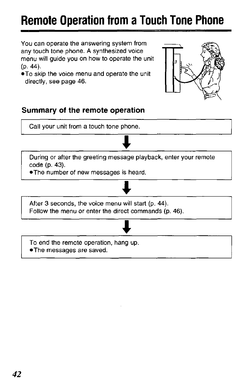 Remote operation from a touch tone phone, Summary of the remote operation | Panasonic KX-TCM943-B User Manual | Page 42 / 64