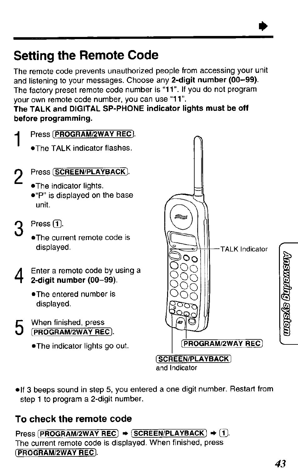 To check the remote code, Setting the remote code | Panasonic KX-TCM943-B User Manual | Page 43 / 64