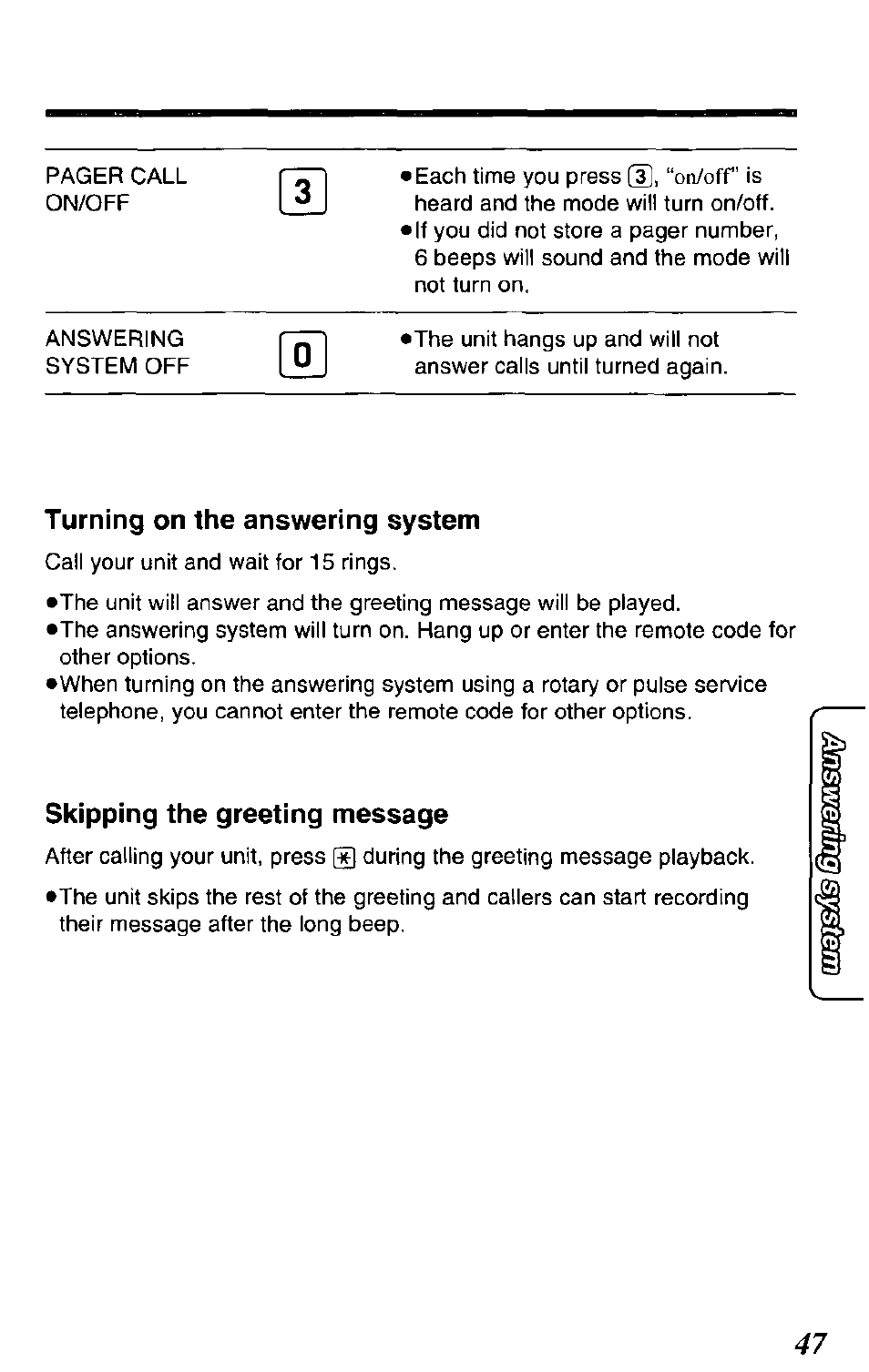 Turning on the answering system, Skipping the greeting message | Panasonic KX-TCM943-B User Manual | Page 47 / 64