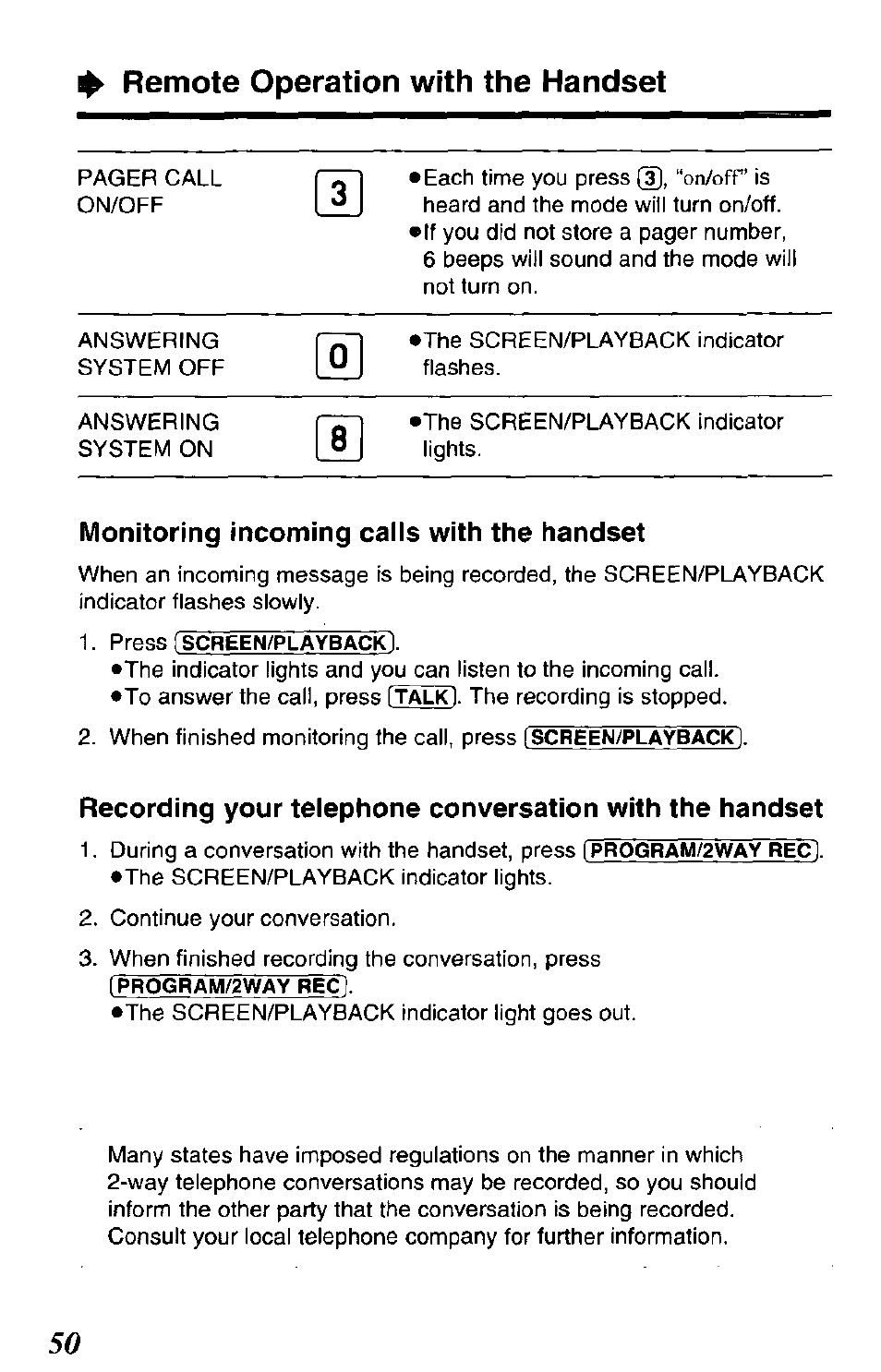Monitoring incoming caiis with the handset, Remote operation with the handset | Panasonic KX-TCM943-B User Manual | Page 50 / 64