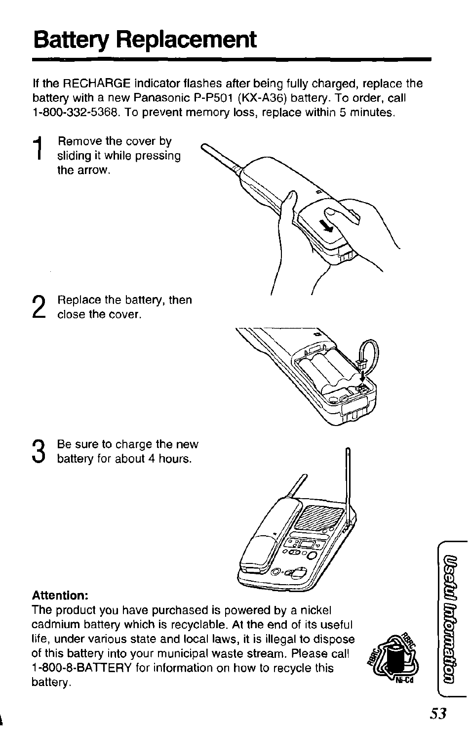 Battery replacement, Attention | Panasonic KX-TCM943-B User Manual | Page 53 / 64