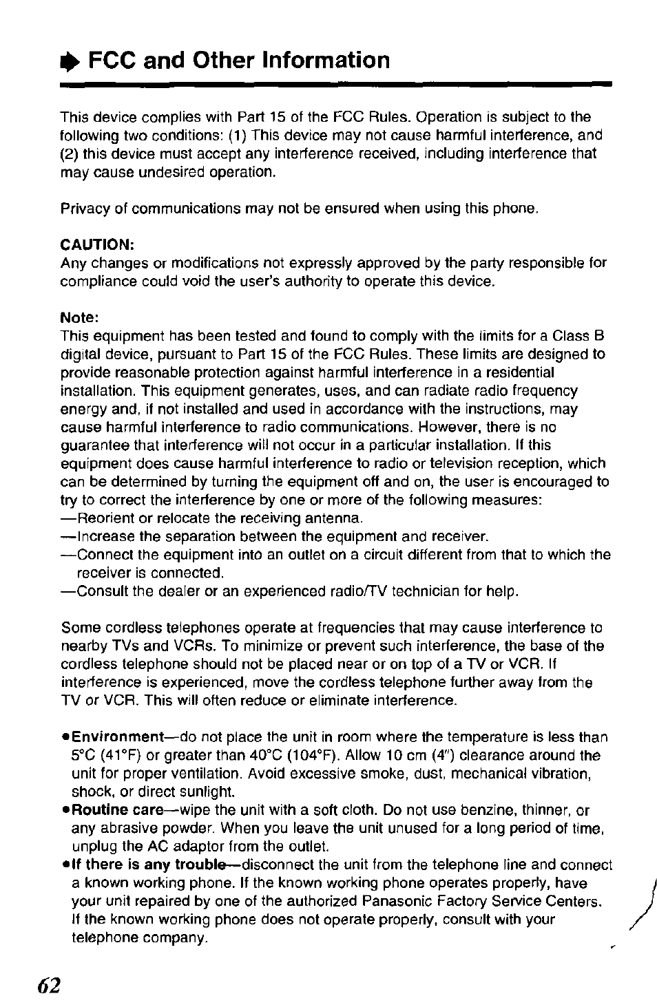 Fcc and other information, Caution, Note | Panasonic KX-TCM943-B User Manual | Page 62 / 64